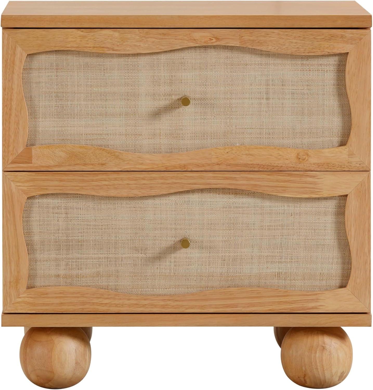 Natural Wood & Rattan 2-Drawer Nightstand with Brass Handles