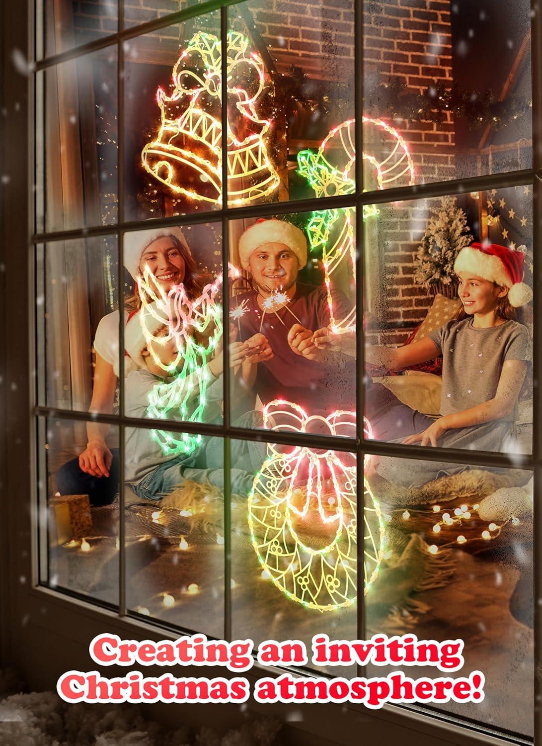 Christmas Window Silhouette Lights Decorations - Pack of 4 Sign Colour Lighted Wreath, Candy Cane, Bell, and Angel for Holiday Indoor Wall Door Glass Decor