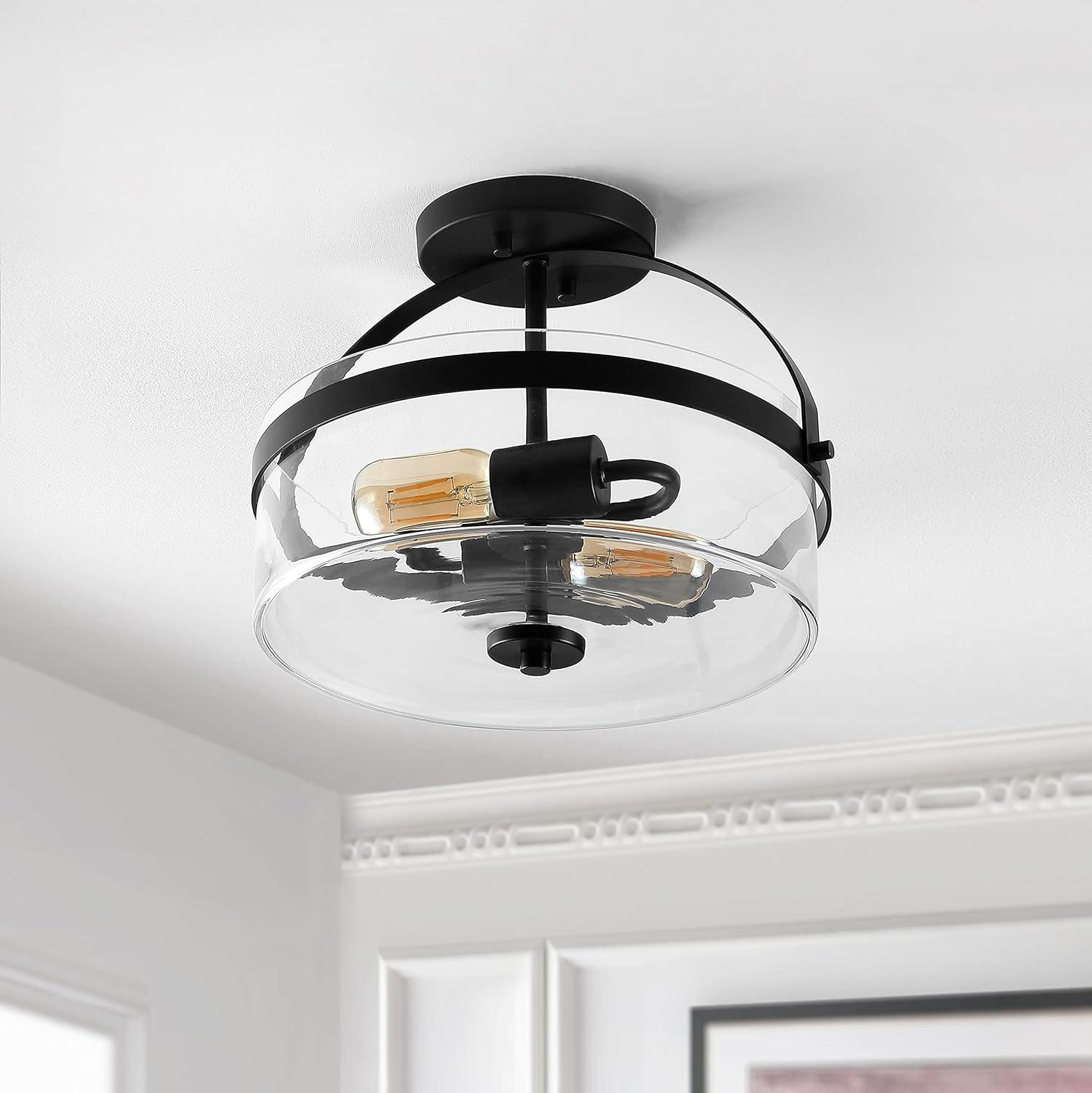 SAFAVIEH Nensor 13 in. Farmhouse 2-Light Black Metal Mount Light with Clear Shade