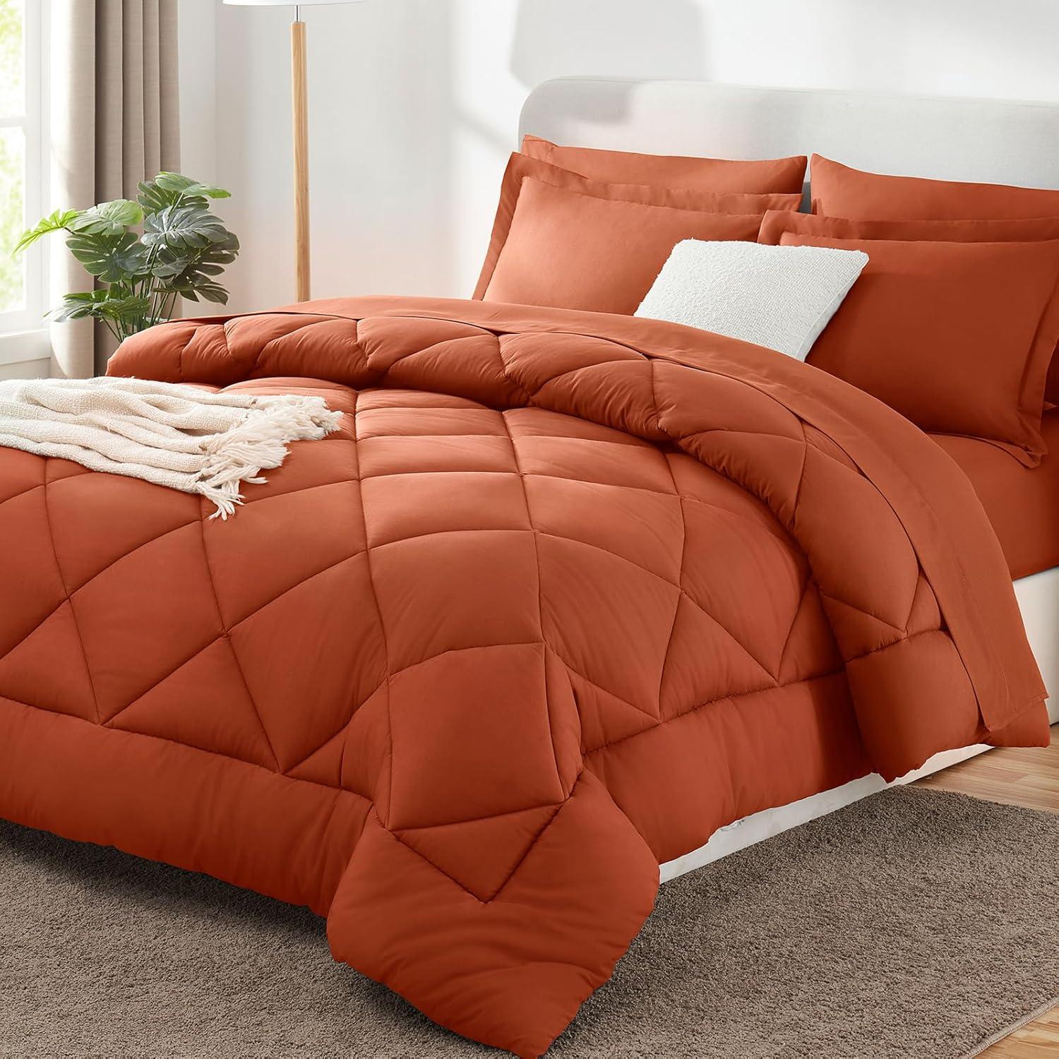CozyLux Queen Comforter Set 7 Pieces Bed in a Bag Burnt Orange All Season Bedding with Comforter, Pillow Shams, Flat Sheet, Fitted Sheet and Pillowcases