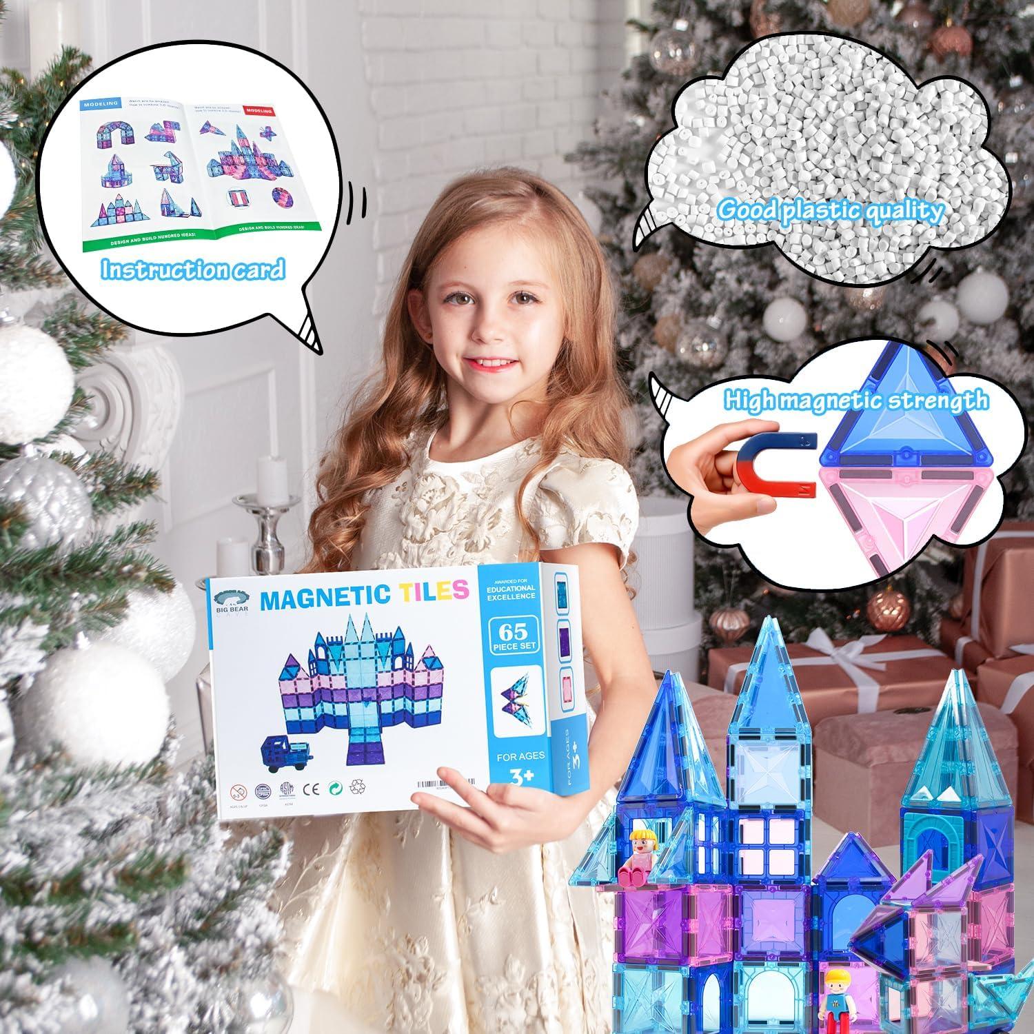 65pcs Frozen Castle Magnet Tiles Building Blocks - 3D STEM Educational Magnetic Tiles Building Blocks Toddler Boy Girls Toys Age 4-5 6-8+ for Pretend Play and Birthday