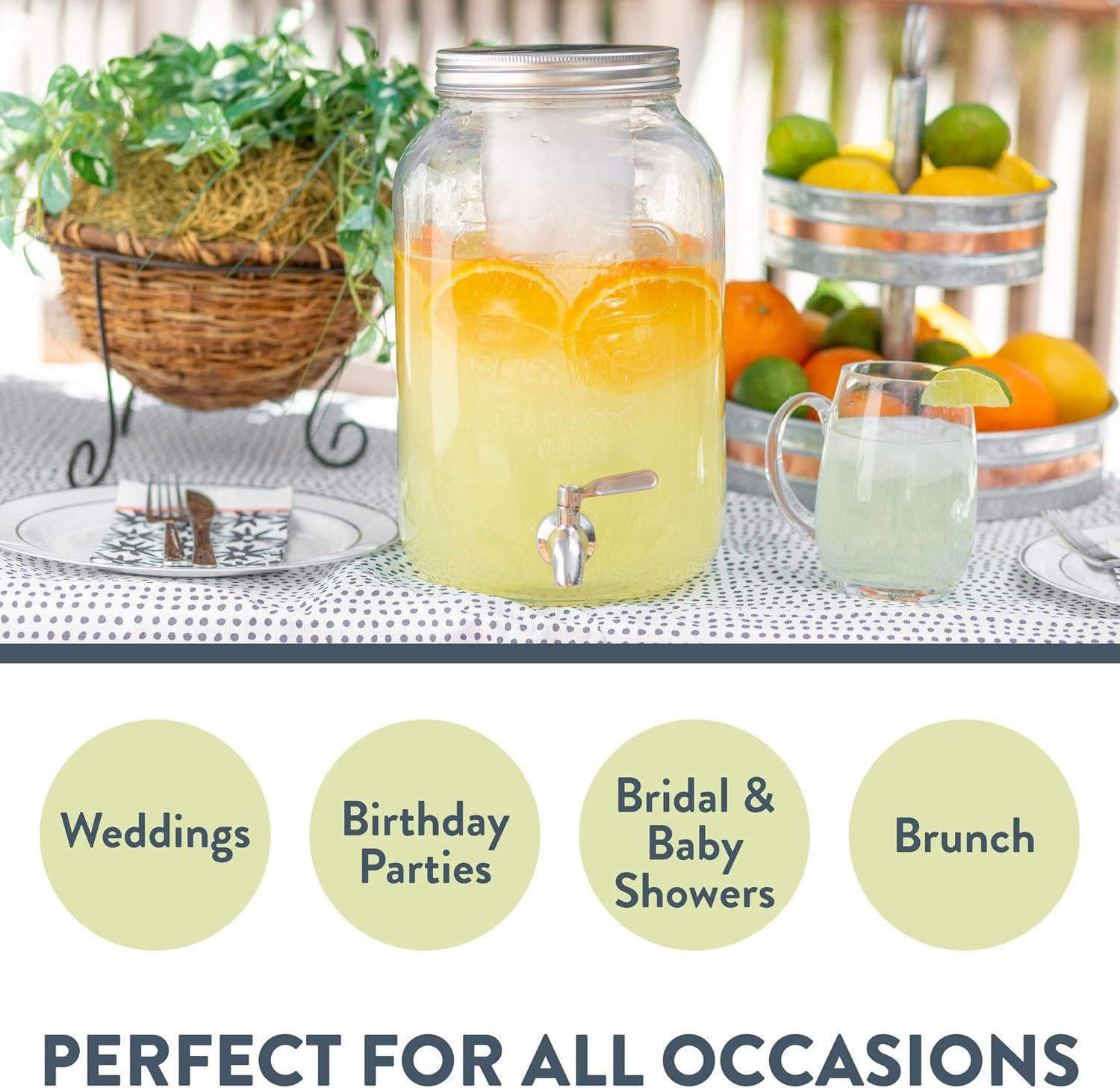 Crutello Outdoor Glass Beverage Dispenser with Stainless Steel Spigot & Ice Cylinder - 2 Gallon Drink Dispenser for Tea, Lemonade, Cold Water & More - A Family-Owned American Brand