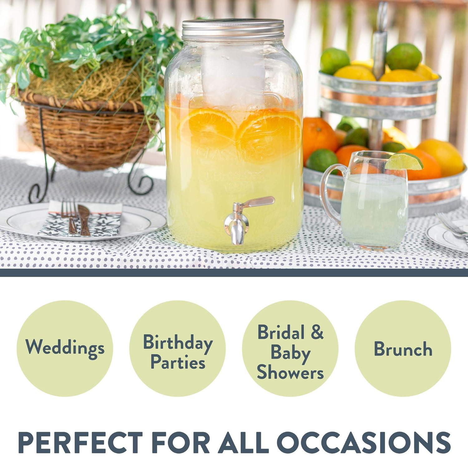 Crutello Outdoor Glass Beverage Dispenser with Stainless Steel Spigot & Ice Cylinder - 2 Gallon Drink Dispenser for Tea, Lemonade, Cold Water & More - A Family-Owned American Brand