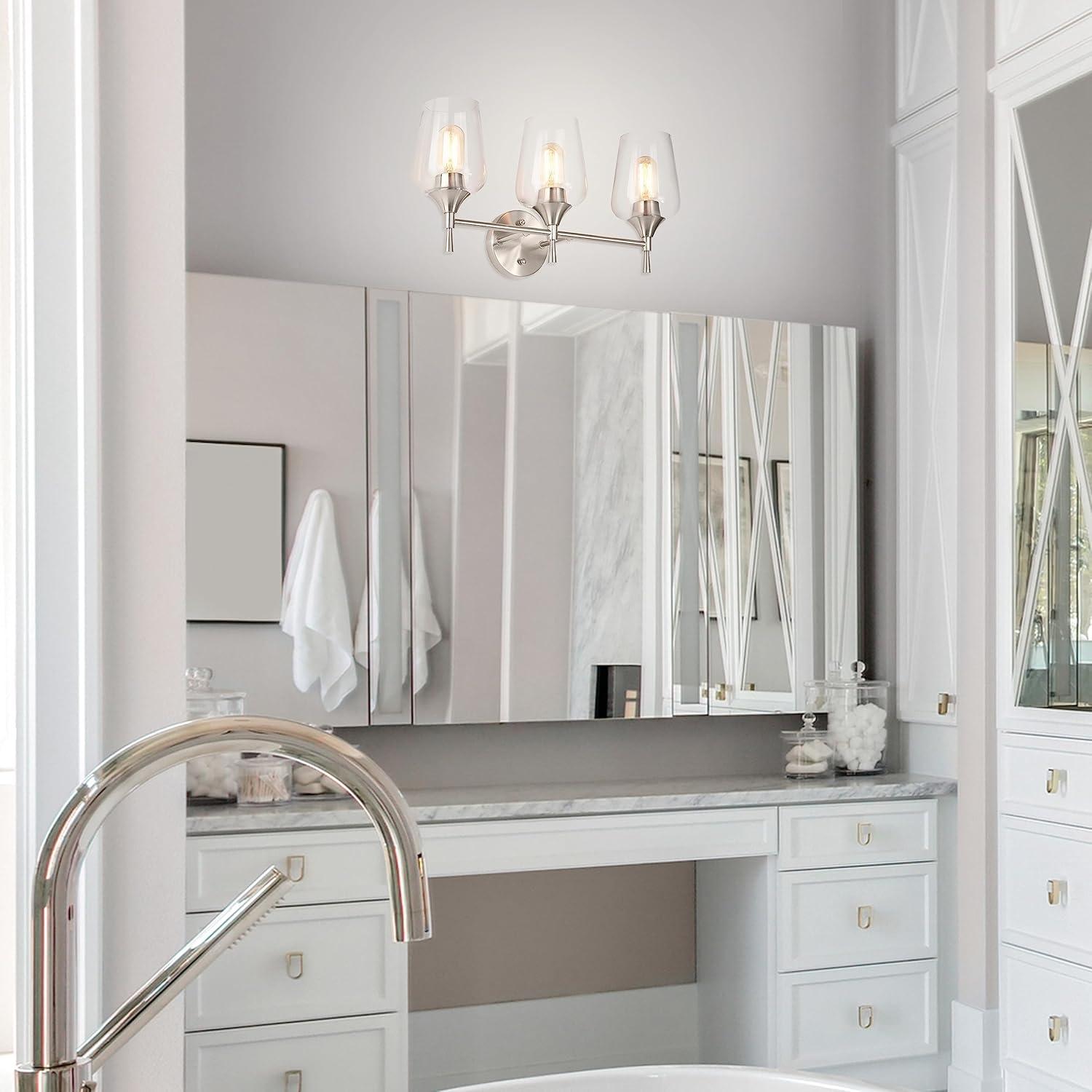 Edvivi 3-Light Vanity Lights, Modern Brushed Nickel with Clear Glass Shade Bathroom Light Fixtures, Wall Light for Mirrors, Bedroom, Living Room, Hallway
