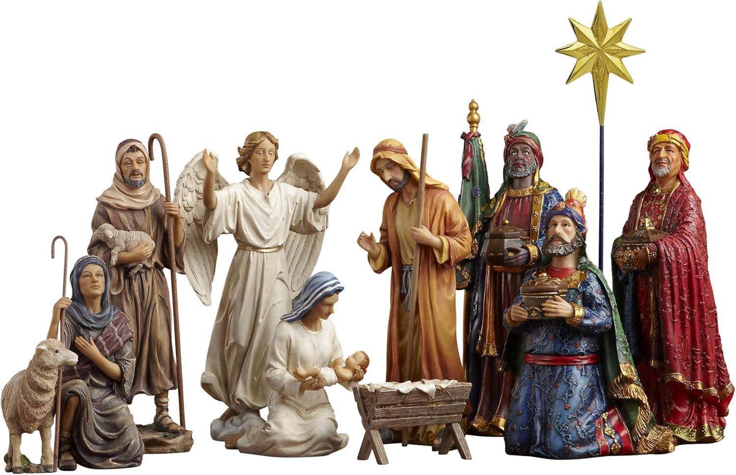 Three Kings Gifts Magi, Wise Men, Christmas Star, Angel, Shepherds, Sheep, Holy Family, Jesus in Manger, Real Gold in Trunk, Nativity Scene Set & Figures, 11-Pieces, for 7 inch Scale Collection