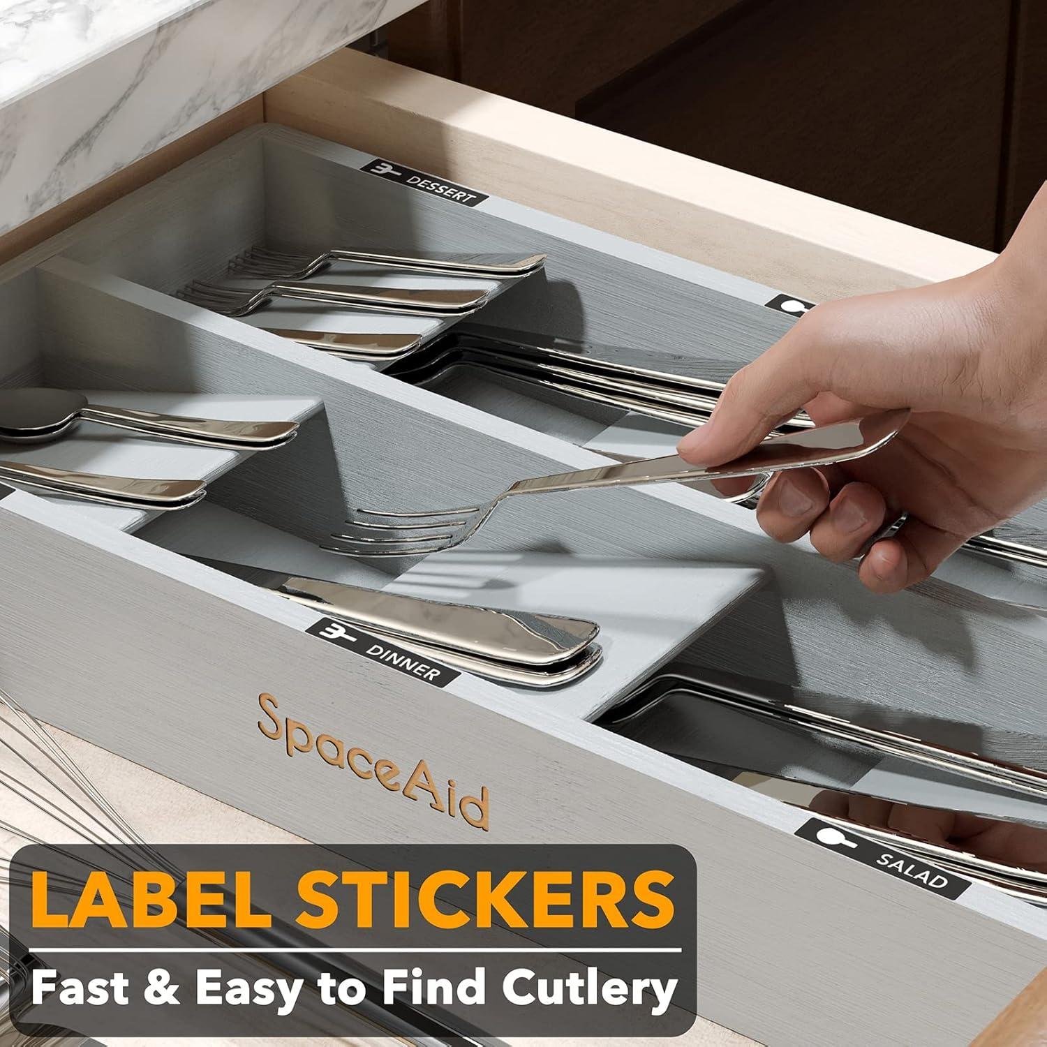 SpaceAid Bamboo Silverware Drawer Organizer with Labels – Kitchen Utensil Tray for Flatware, Cutlery, Spoons, and Knives – 6 Slots (White)