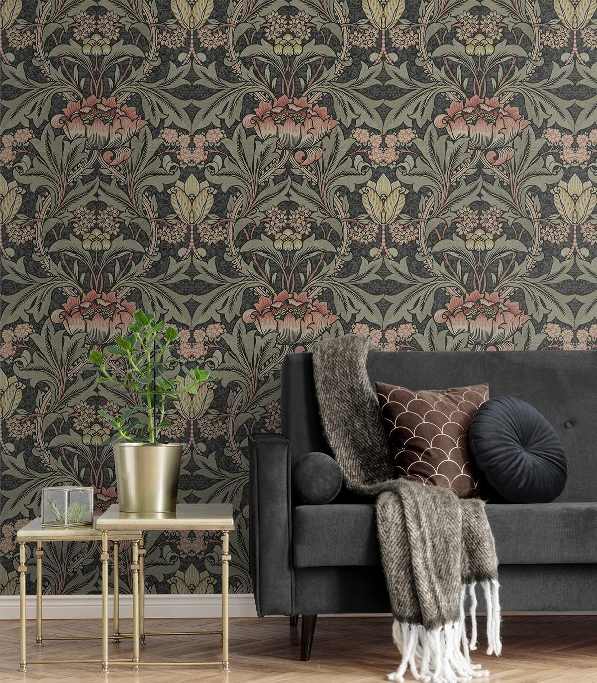 NextWall Acanthus Floral Peel and Stick Wallpaper Charcoal Gray: Vintage Botanical Vinyl, Self-Adhesive, Washable, 30.75 Sq Ft Coverage