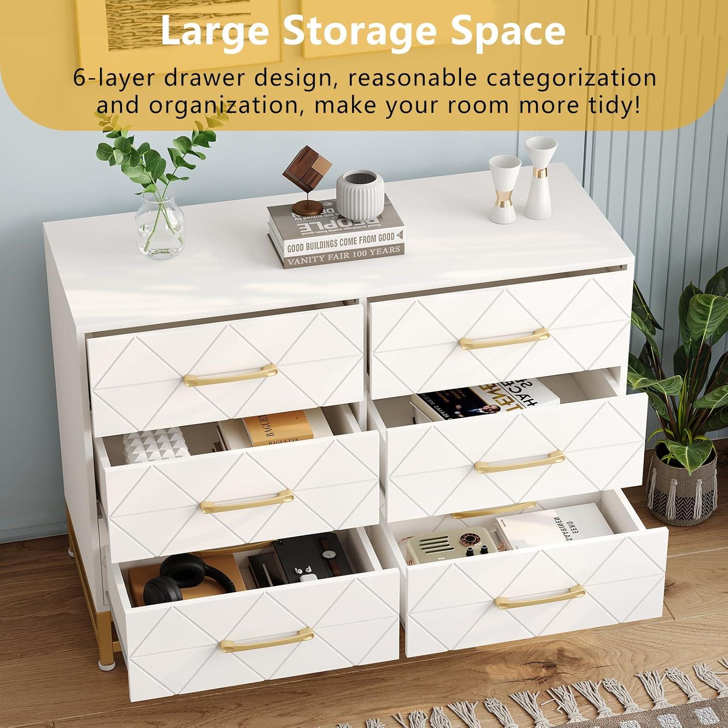 Jojoka Dresser for Bedroom with 6 Drawer, TV Stand Wood Dressers Chest of Drawers with Wide Drawers and Metal Handles for Living Room Hallway Entryway, White