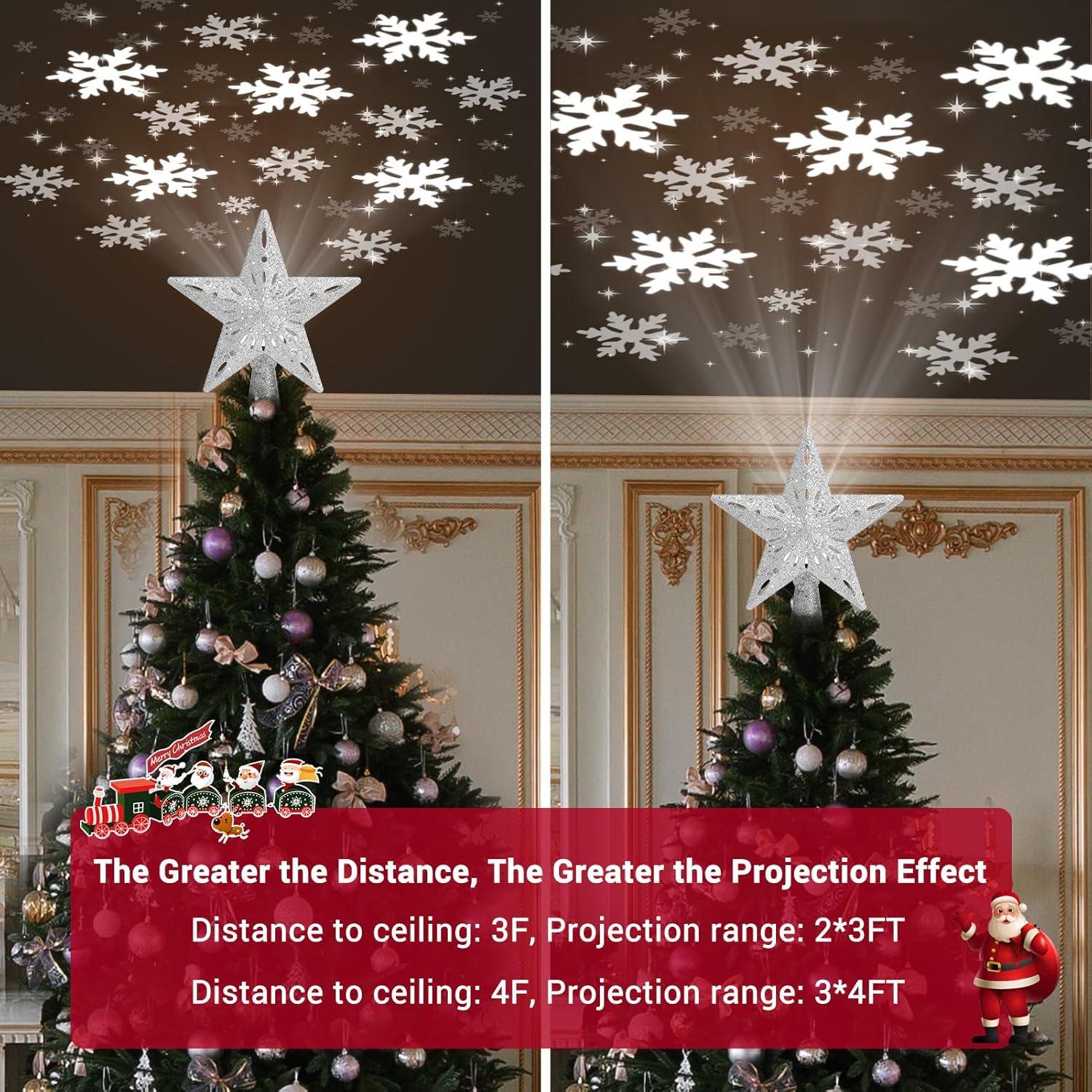 Christmas Tree Topper Lighted, 3D Rotating Pattern Projector for Xmas Tree Topper, 6 Pattern Projection Modes, Built-in LED Projection Light for Christmas Decorations