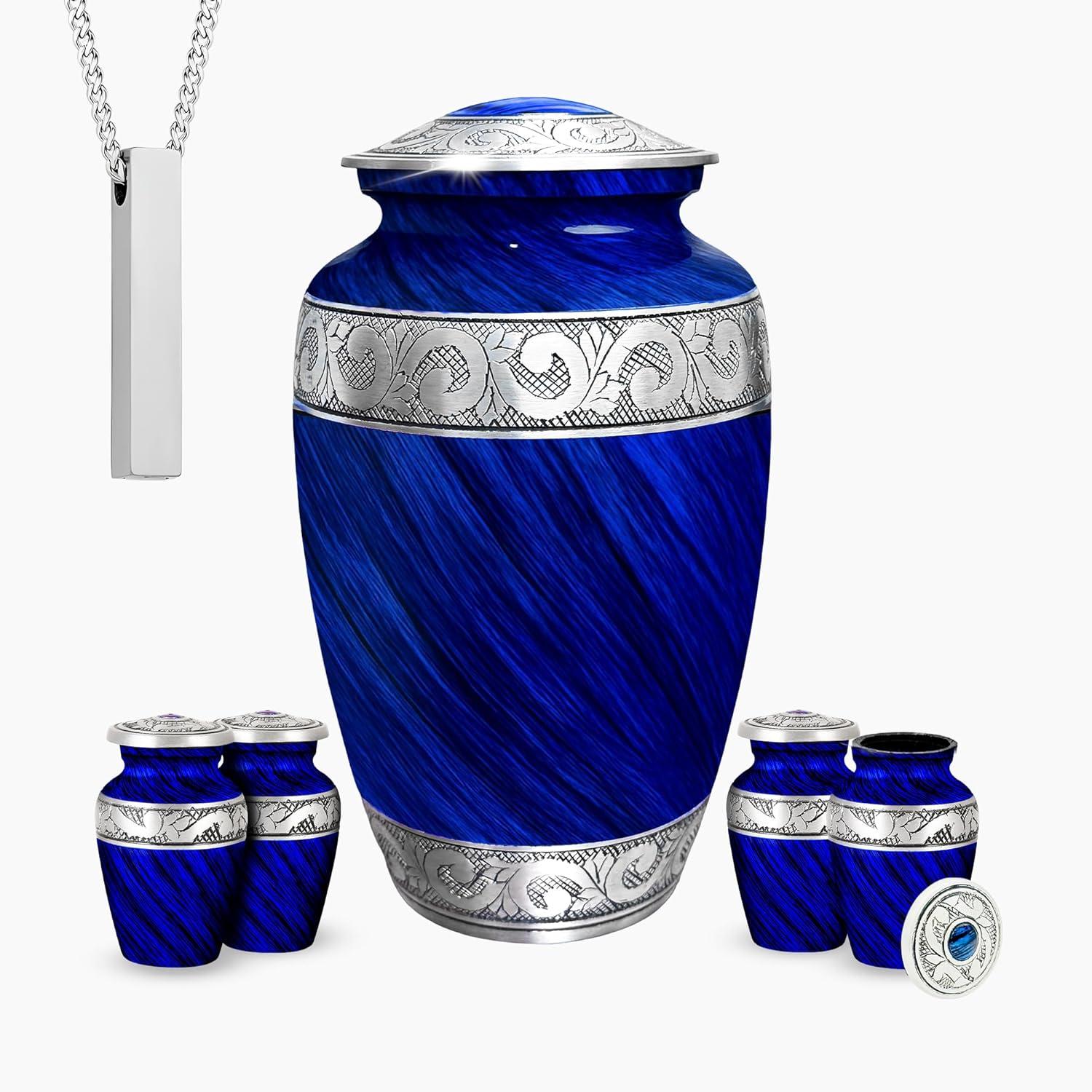 AmericUrn Set of 6 Urn for Ashes Adult Male with 1 Large Blue Urn 4 Small Keepsakes & 1 NecklaceUrn