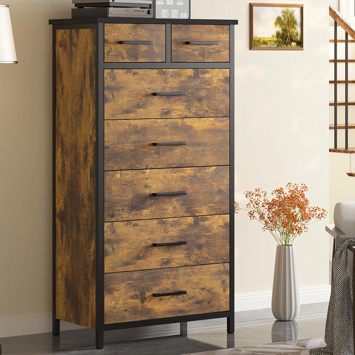 Industrial Black and Rustic Brown 7-Drawer Dresser with Steel Frame