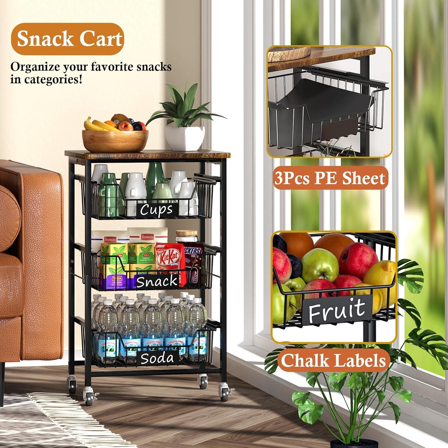 Small Kitchen Storage Cart On Wheels, Metal Fruit Basket Stand With Pull-Out Baskets & Wood Top For Potato Onion Produce Snack Veggies,(4-Tier /Black+ Rustic Board)