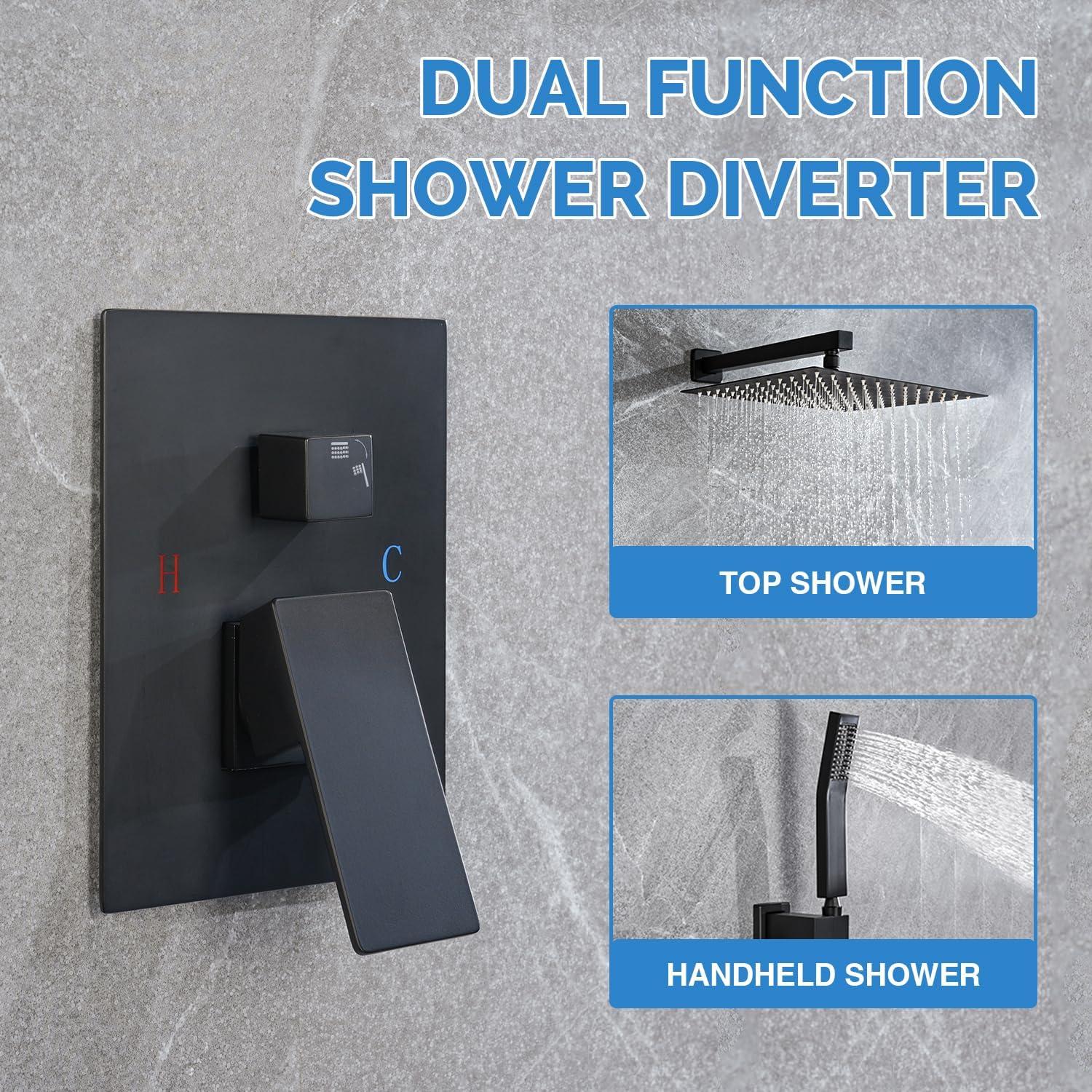 Shower Faucet Set 12" Matte Black Shower Head And Handle Set Rainfall Shower System with Square Rain Shower Head and High Pressure Handheld Spray