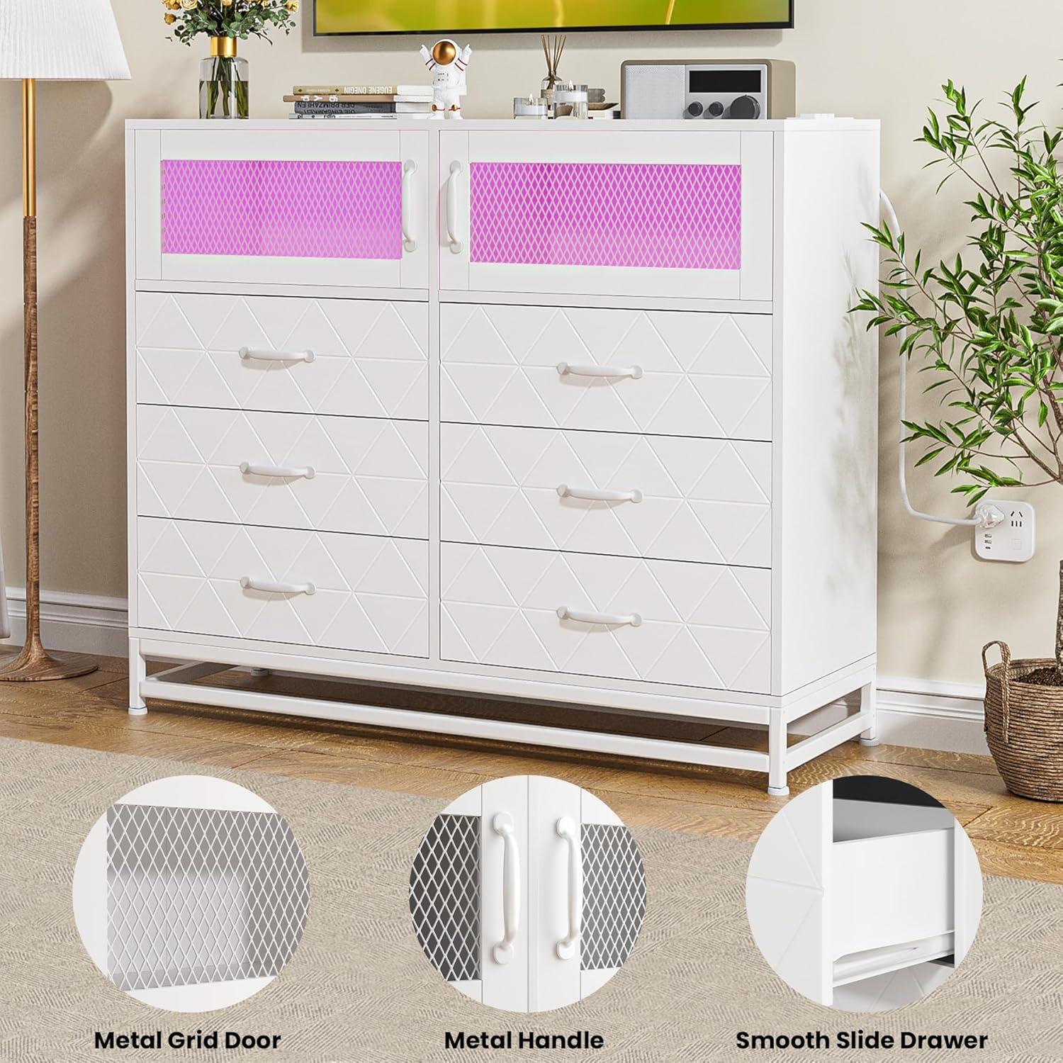 Dresser for Bedroom with LED Lights and Charging Station, Wooden 6 Drawer Double Dresser with 2 Doors, Modern Chest of Drawers for Bedroom, Entryway, Hallway, White