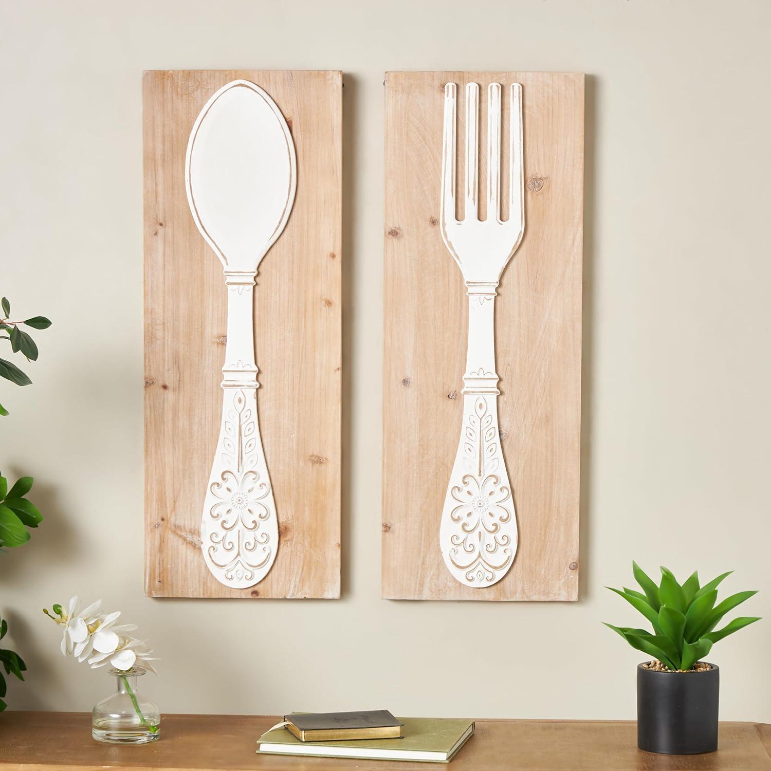 DecMode Brown Wooden Utensils Wall Decor with Carved White Floral Designs (2 Count)