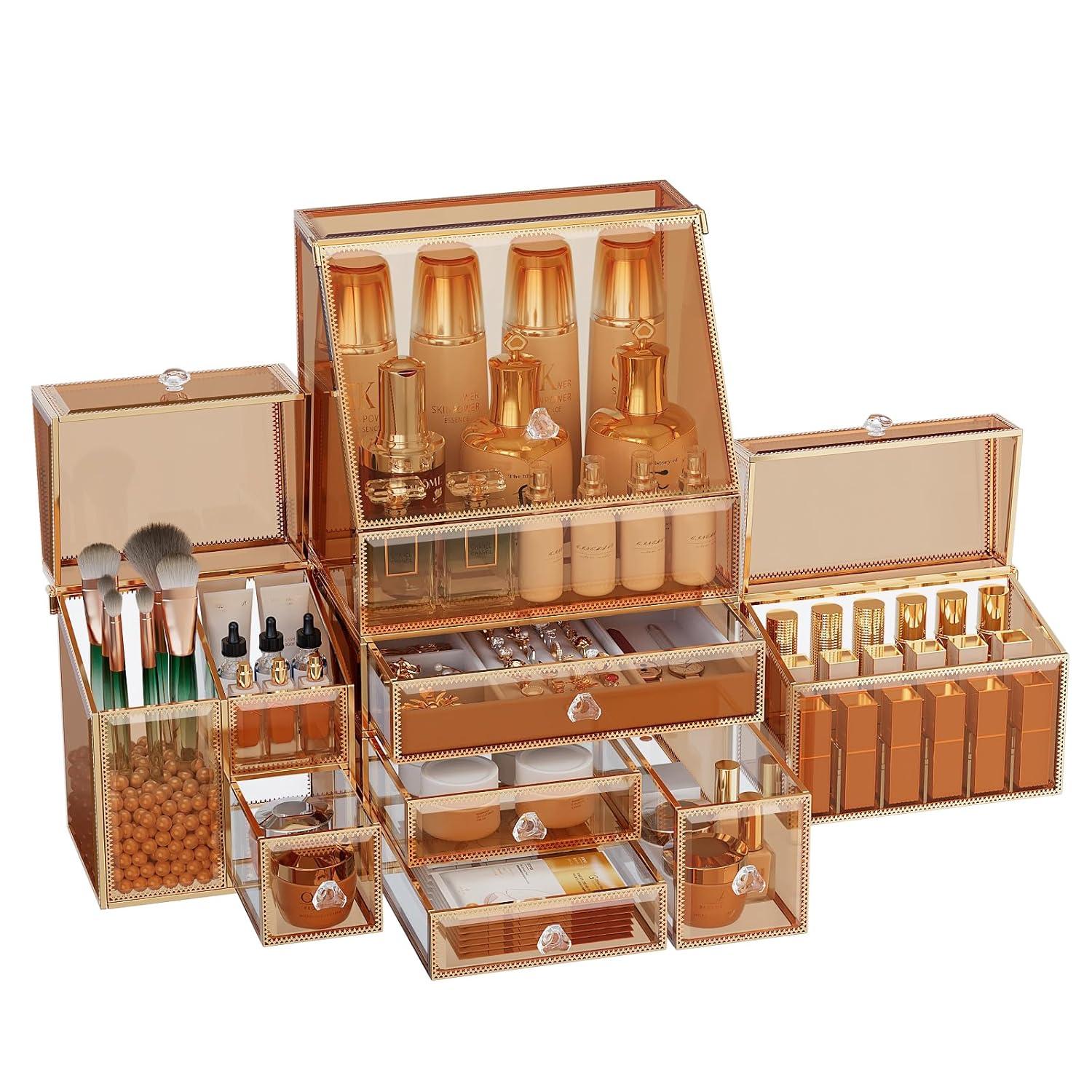 Extra Large Makeup Organizer, Glass Cosmetic Storage with Drawers, Stackable Makeup and Jewelry Organizer for Vanity Table, Bathroom Countertop, Skincare, Lipsticks, Perfume, Brushes