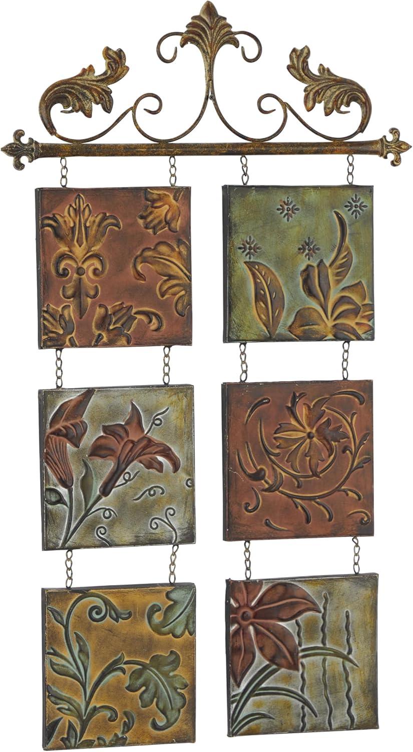 DecMode Multi Colored Metal 6 Suspended Panels Floral Wall Decor with Embossed Details