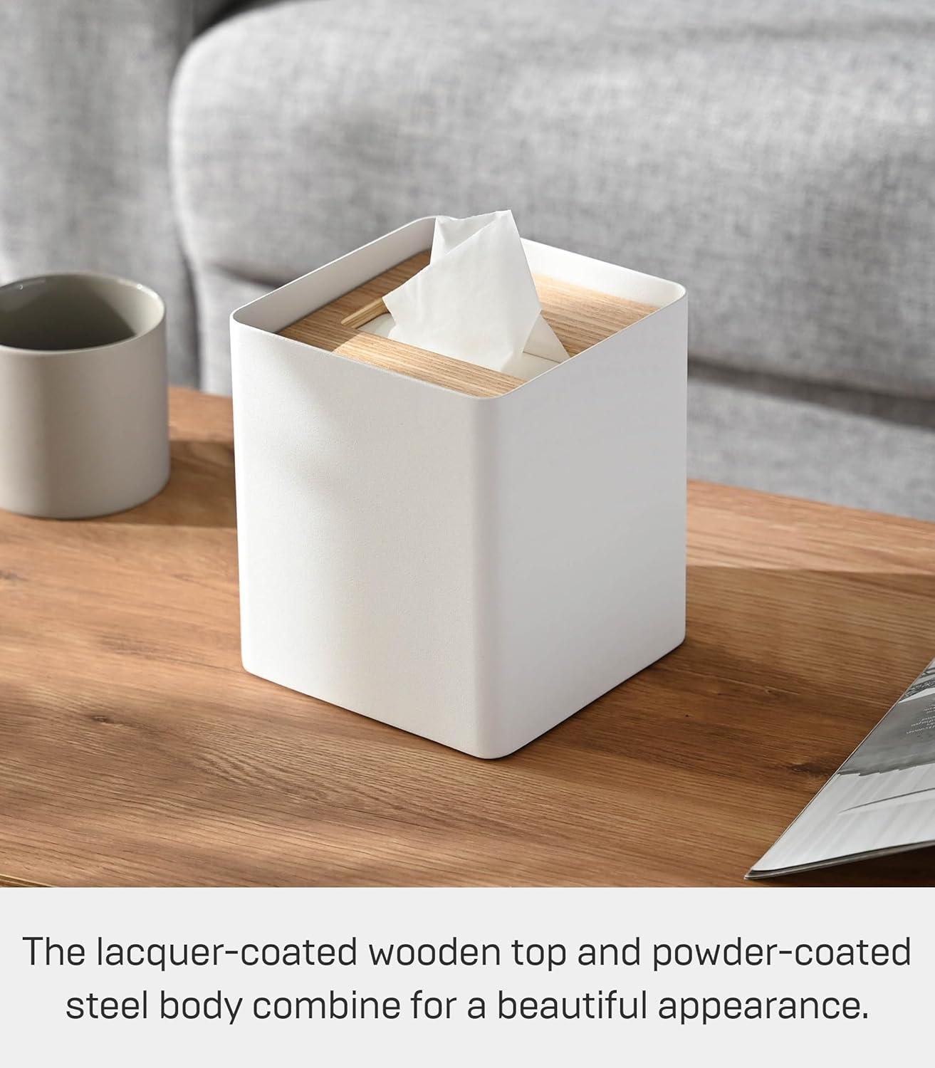 Yamazaki Home Yamazaki Home Square Reusable Tissue Box Cover Metal Container Case With Natural Wooden Lid,, Steel