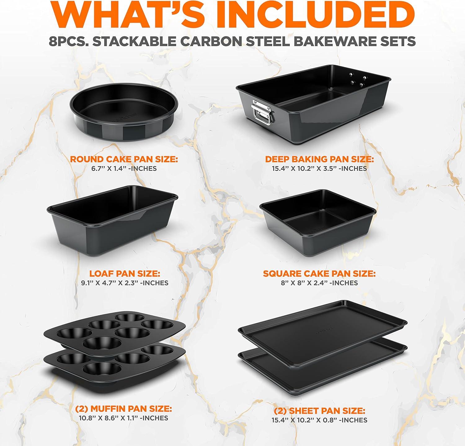 NutriChef 8-Piece Nonstick Stackable Bakeware Set - Pfoa, Pfos, Ptfe Free Baking Tray Set W/ Non-Stick Coating, 450°F Oven Safe, Round Cake, Loaf, Muffin, Wide/Square Pans, Cookie Sheet