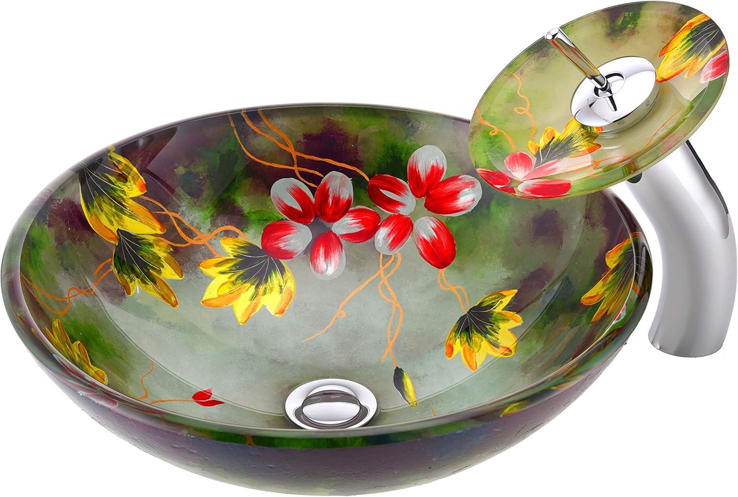 ANZZI Impasto 15.5'' Green Tempered Glass Circular Bathroom Sink with Faucet