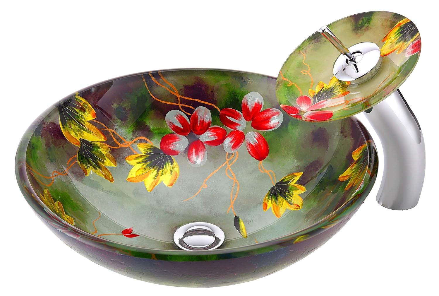 ANZZI Impasto 15.5'' Green Tempered Glass Circular Bathroom Sink with Faucet