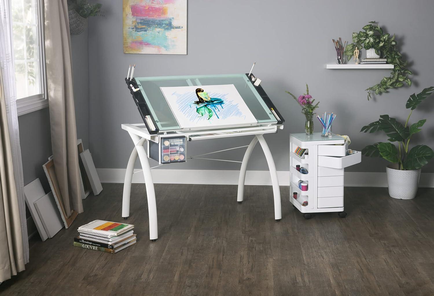 Futura Ivory Frame Drafting Table with Sea Green Glass Top