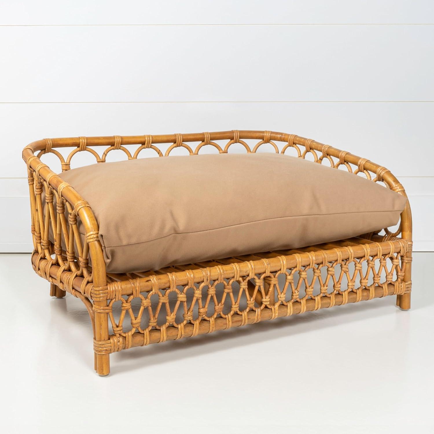 Elevated 27.5" x 17" Bohemian Handwoven Rattan Dog Daybed with Machine-Washable Cushion, Natural