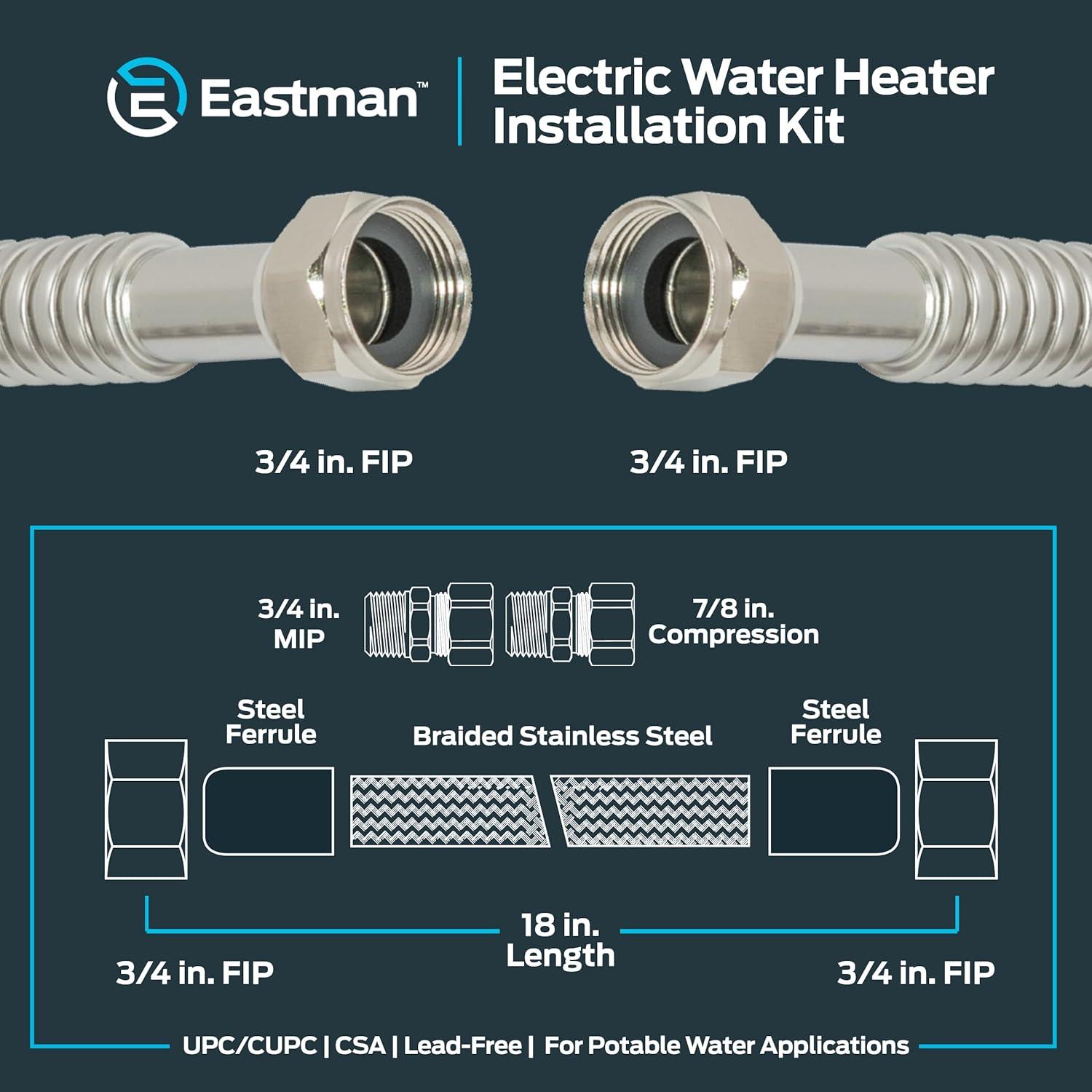 Eastman Electric Water Heater Installation Kit, 3/4 x 18 Inch Corrugated Stainless Steel Water Heater Connectors, 48281