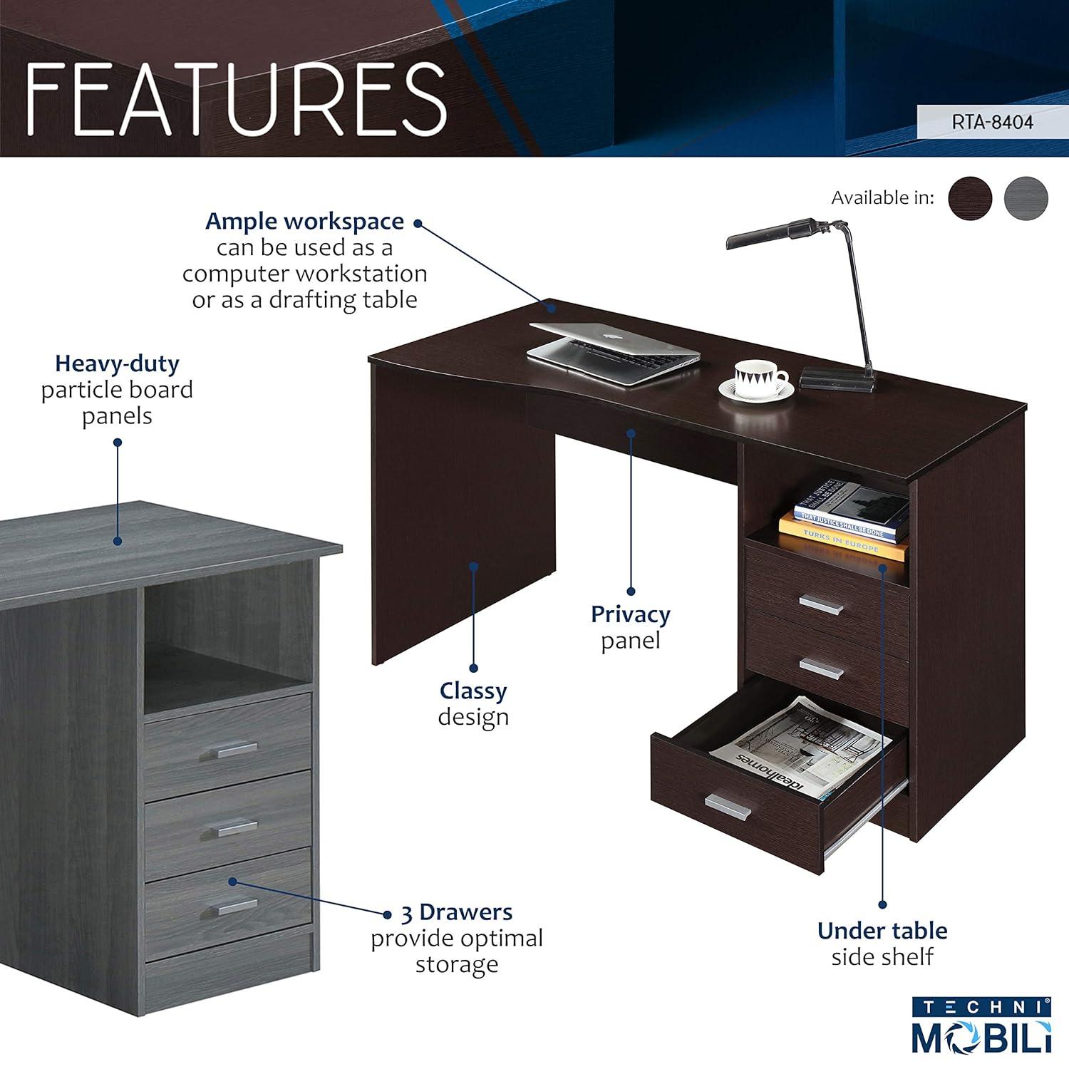 Classic Computer Desk with Multiple Drawers Gray - Techni Mobili: Office Workstation, Laminated Particle Board