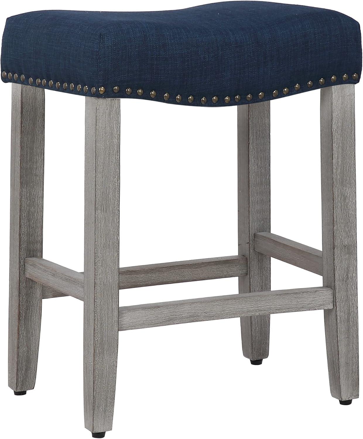 Polytrends Jameson Upholstered Polyester 24" Counter Stool - Gray Legs/ Saddle Seat Antique Gray/Navy Blue Wood Wood Foam 250lbs
