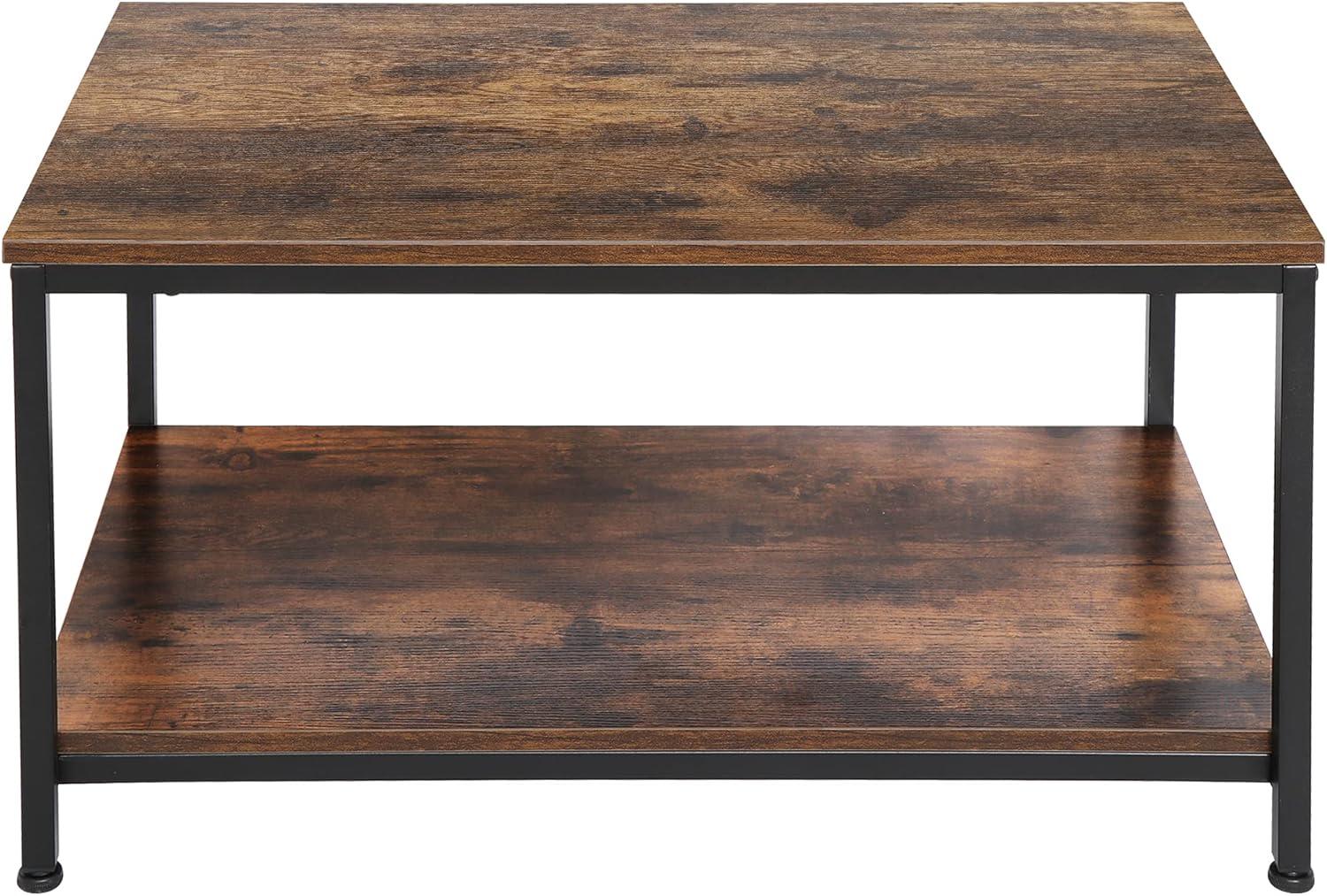 SUPER DEAL 2-Tier Industrial Coffee Table with Storage Shelf for Small Apartment Living Room, Rectangle Wood and Stable Metal TV Stand Side End Table, Rustic Brown