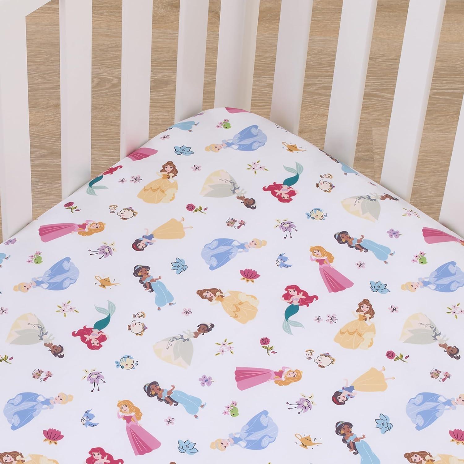 NoJo Disney Princess Pink, Blue, Yellow, and White Super Soft Nursery Fitted Crib Sheet