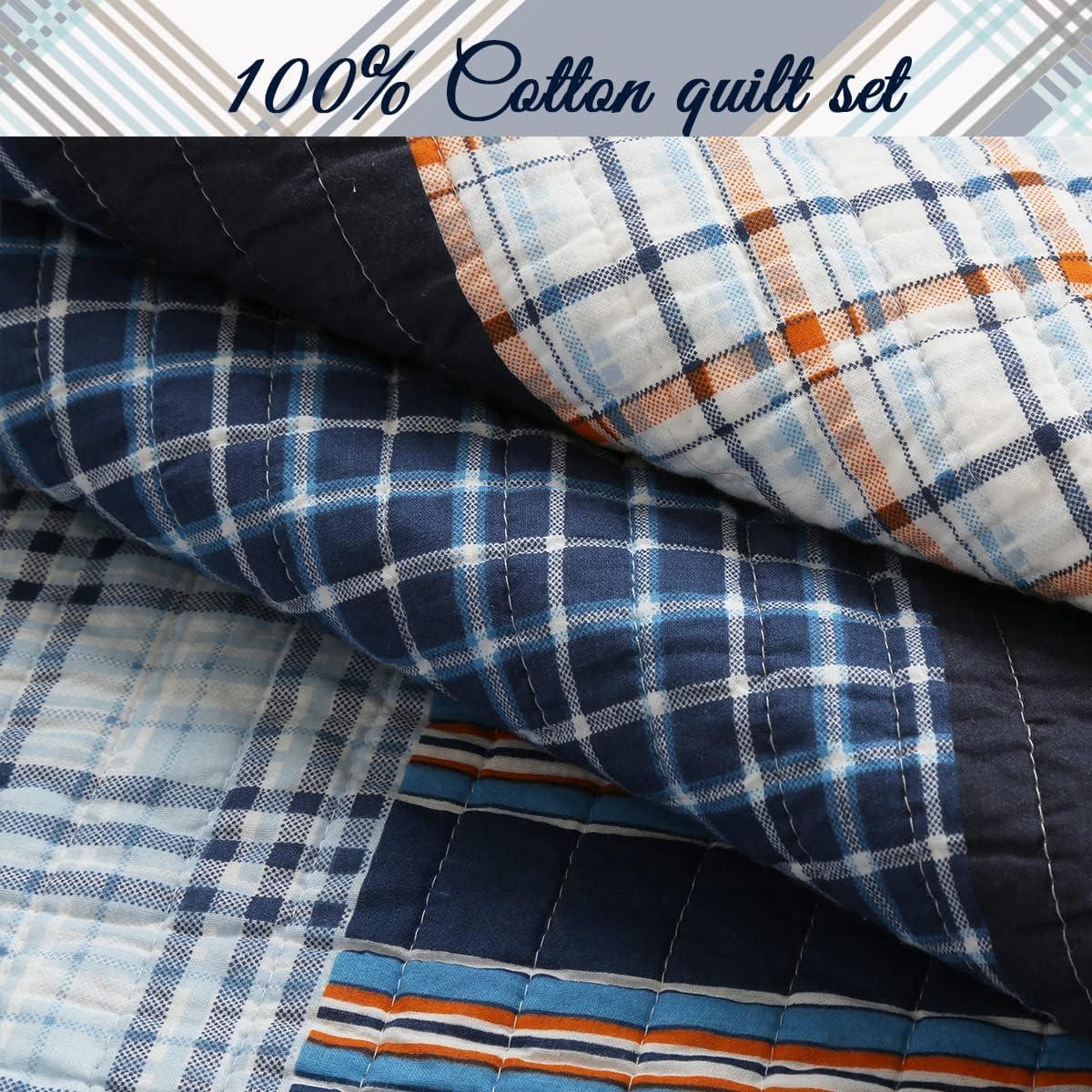 Chambray Stripe Farmhouse / Country Cotton Plaid Quilt Set