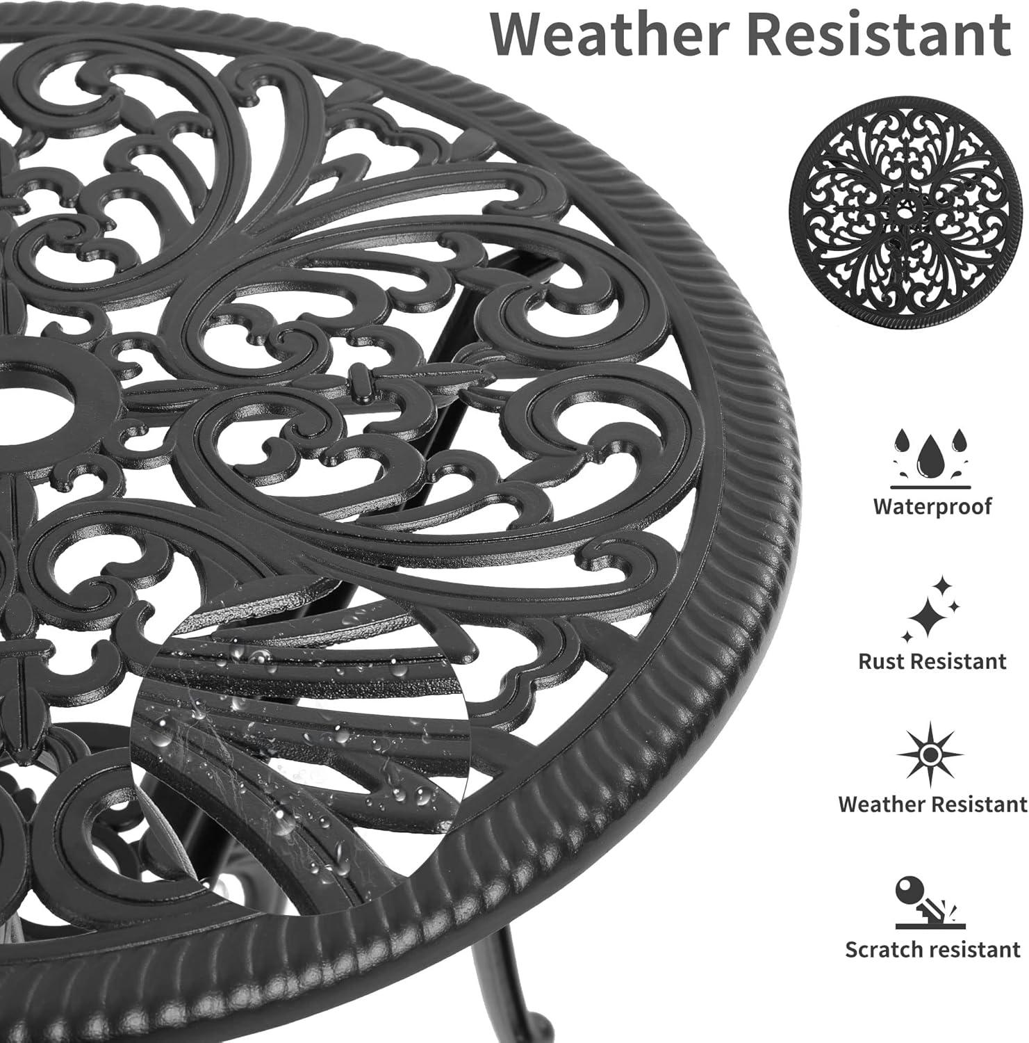 Astoria Grand 3 Piece Outdoor Patio Set Butterfly Pattern Cast Aluminum Bistro Table and Chairs Set of 2 with Cushion Black