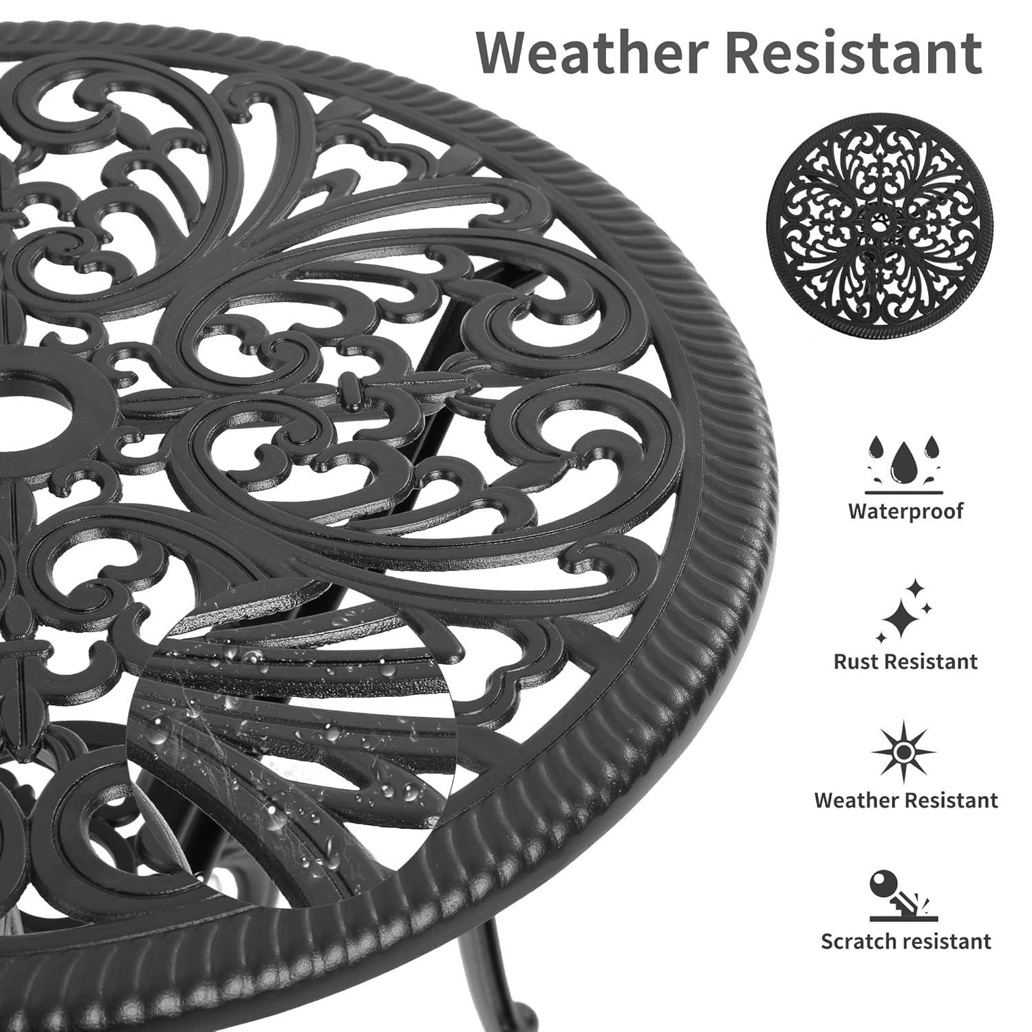 Astoria Grand 3 Piece Outdoor Patio Set Butterfly Pattern Cast Aluminum Bistro Table and Chairs Set of 2 with Cushion Black