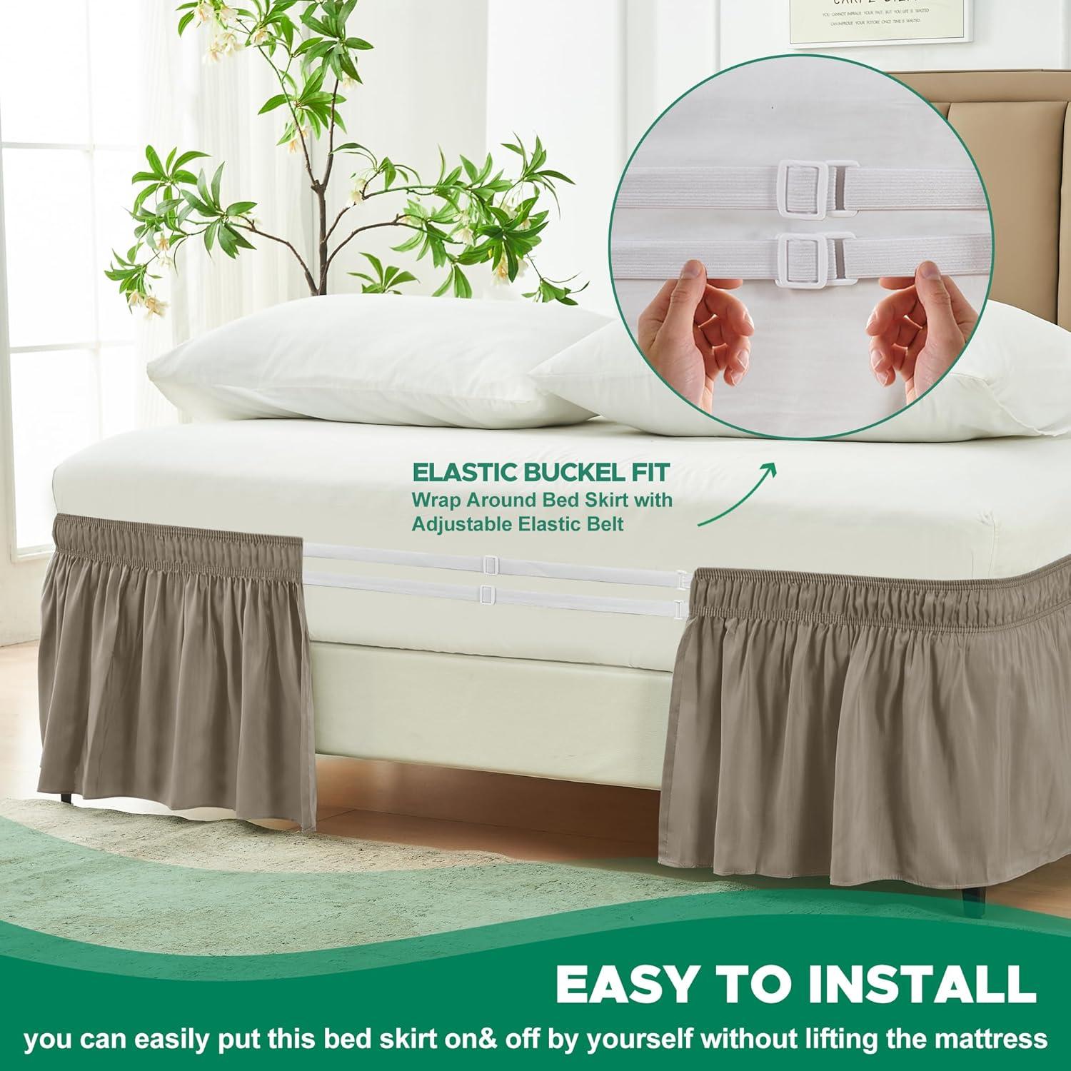 Biscaynebay Wrap Around Bed Skirts for King & Cal King Beds 15" Drop, Taupe Adjustable Elastic Dust Ruffles Easy Fit Wrinkle & Fade Resistant Silky Luxurious Fabric Machine Washable