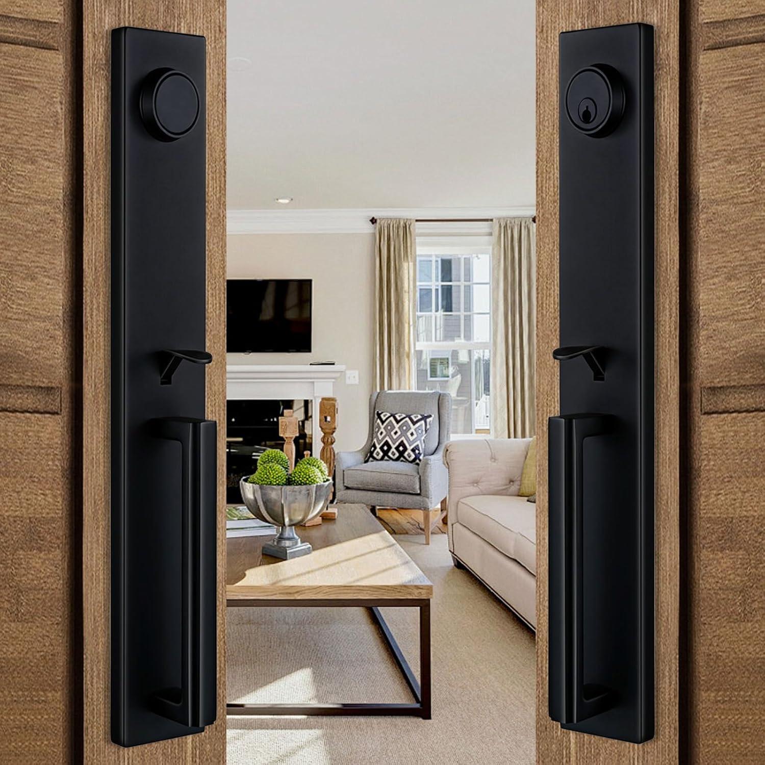 Matte Black Modern Double Door Handleset with Single Cylinder Deadbolt