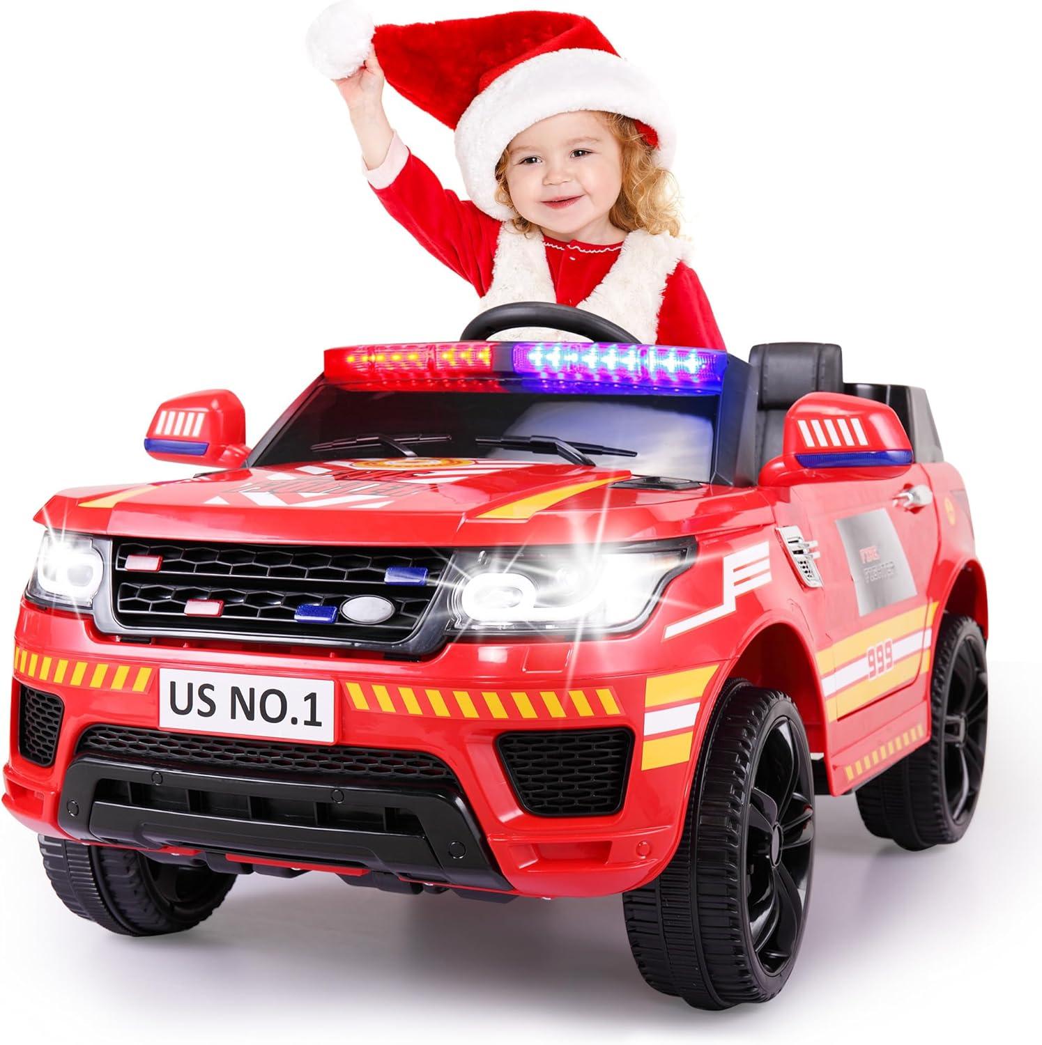 Immere 12V Fire Truck Ride on Battery Powered Electric Kids Car with Parental Remote Control, Siren, Flashing Lights, Music, Spring Suspension, Red