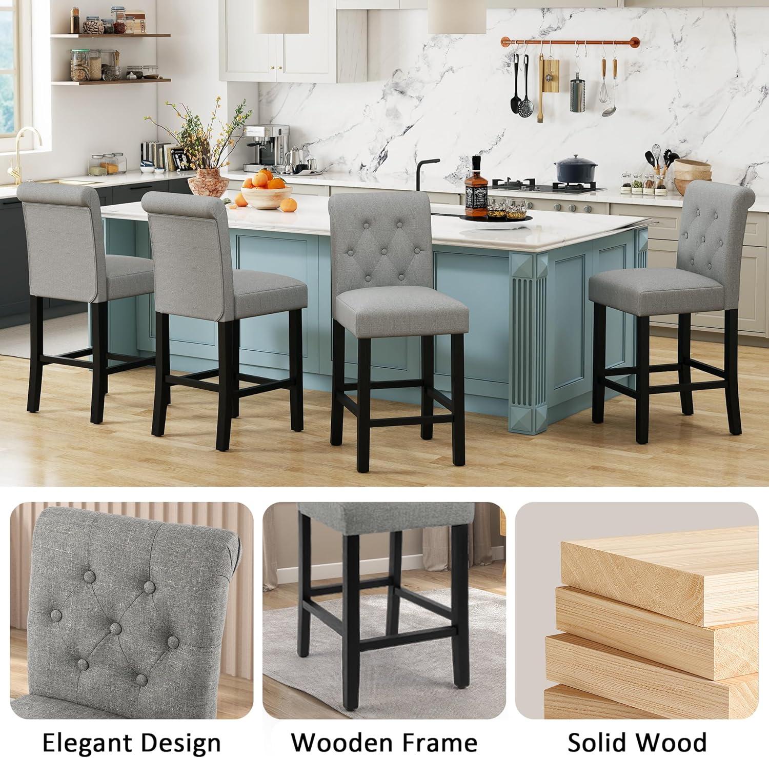 Drevy Bar Stools Set of 2, 24 inch Fabric Counter Height Bar Stools, Kitchen Island Wood Bar Chairs, Solid Wood Legs Barstools, Grey