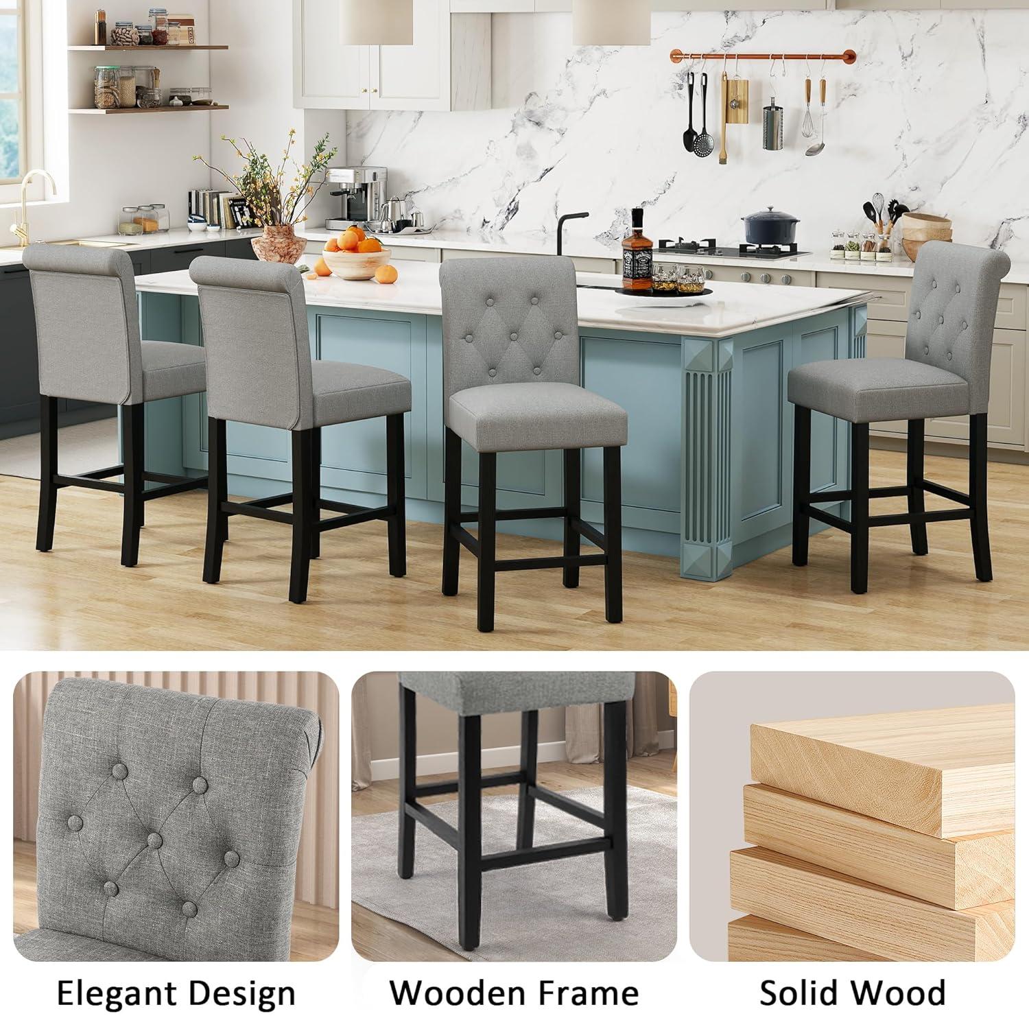 Drevy Bar Stools Set of 2, 24 inch Fabric Counter Height Bar Stools, Kitchen Island Wood Bar Chairs, Solid Wood Legs Barstools, Grey