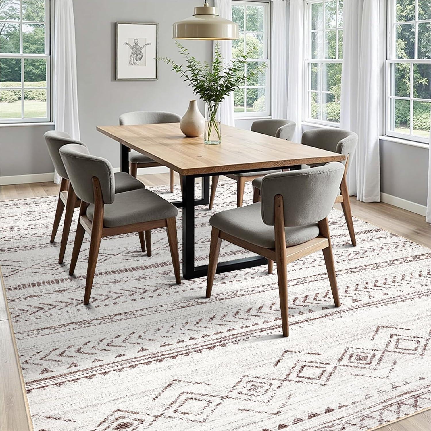 Large Living Room Area Rug 5x7: Soft Machine Washable Boho Moroccan Farmhouse Rugs for Bedroom Under Dining Table - Non-Slip Neutral Morden Indoor Floor Carpet for Home Office - Brown/Cream