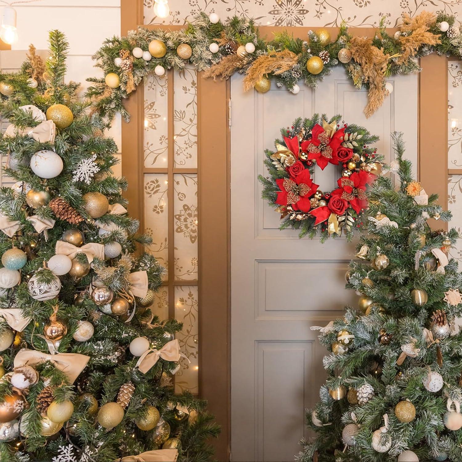 Wreaths for Front Door,Winter Wreaths for Indoor and Outdoor Decorations,Door Wreath with Red Flowers and Golden Ball,Pine Cones,Leaves,Ribbons,Berries for Decor