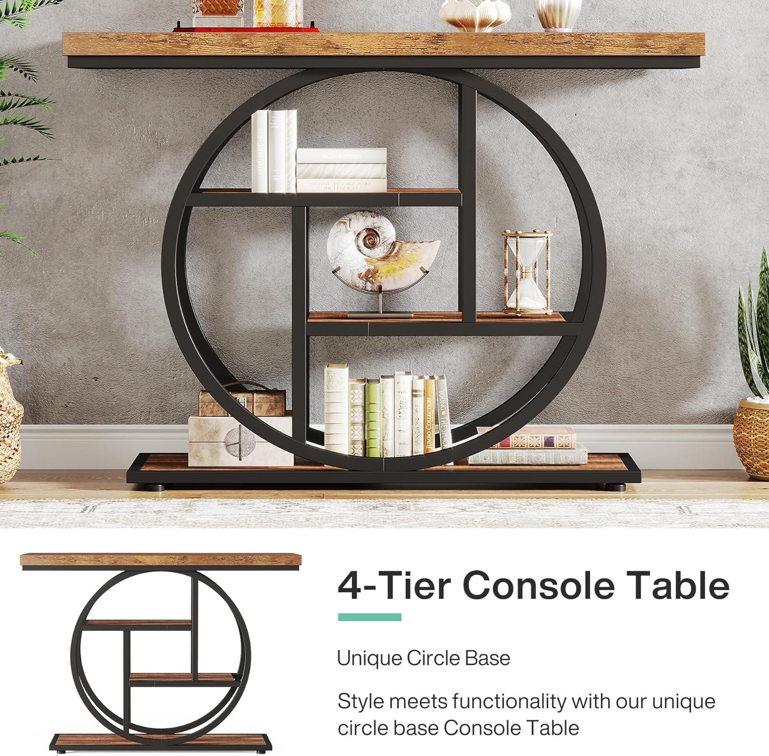 Rustic Brown Industrial 4-Tier Console Table with Circle Base