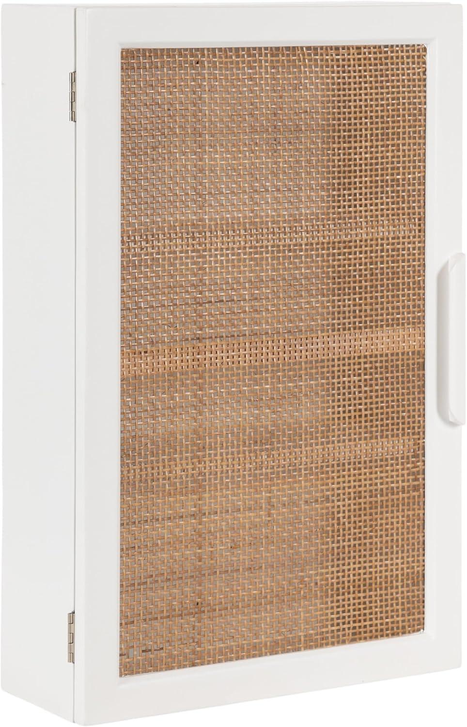 Kate and Laurel Ori Transitional Cane Wall Cabinet with Door, 15 x 7 x 24, Painted White Wood and Natural Rattan, Decorative Rattan Over the Toilet Cabinet with Three Shelves for Decor and Display