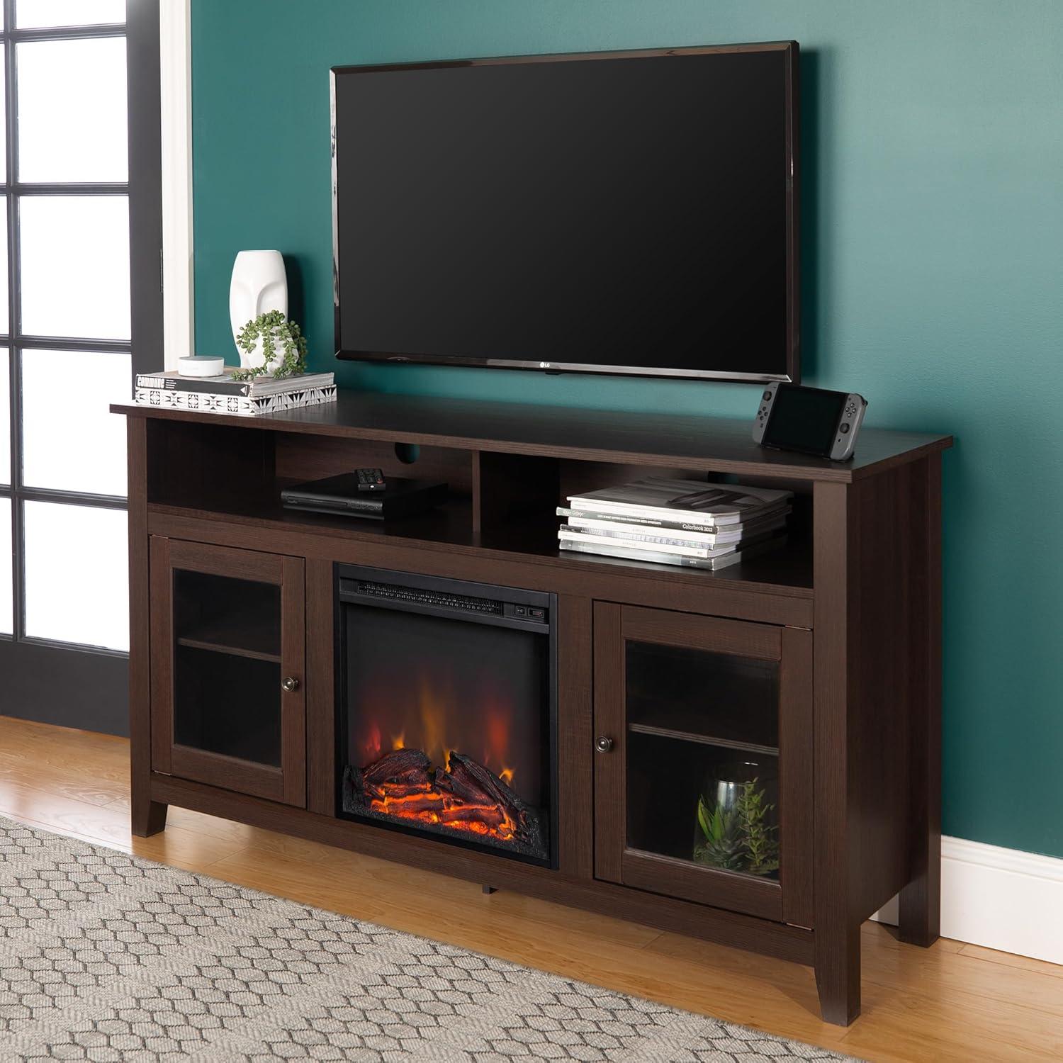Espresso 58" Highboy Media Stand with Electric Fireplace and Cabinet