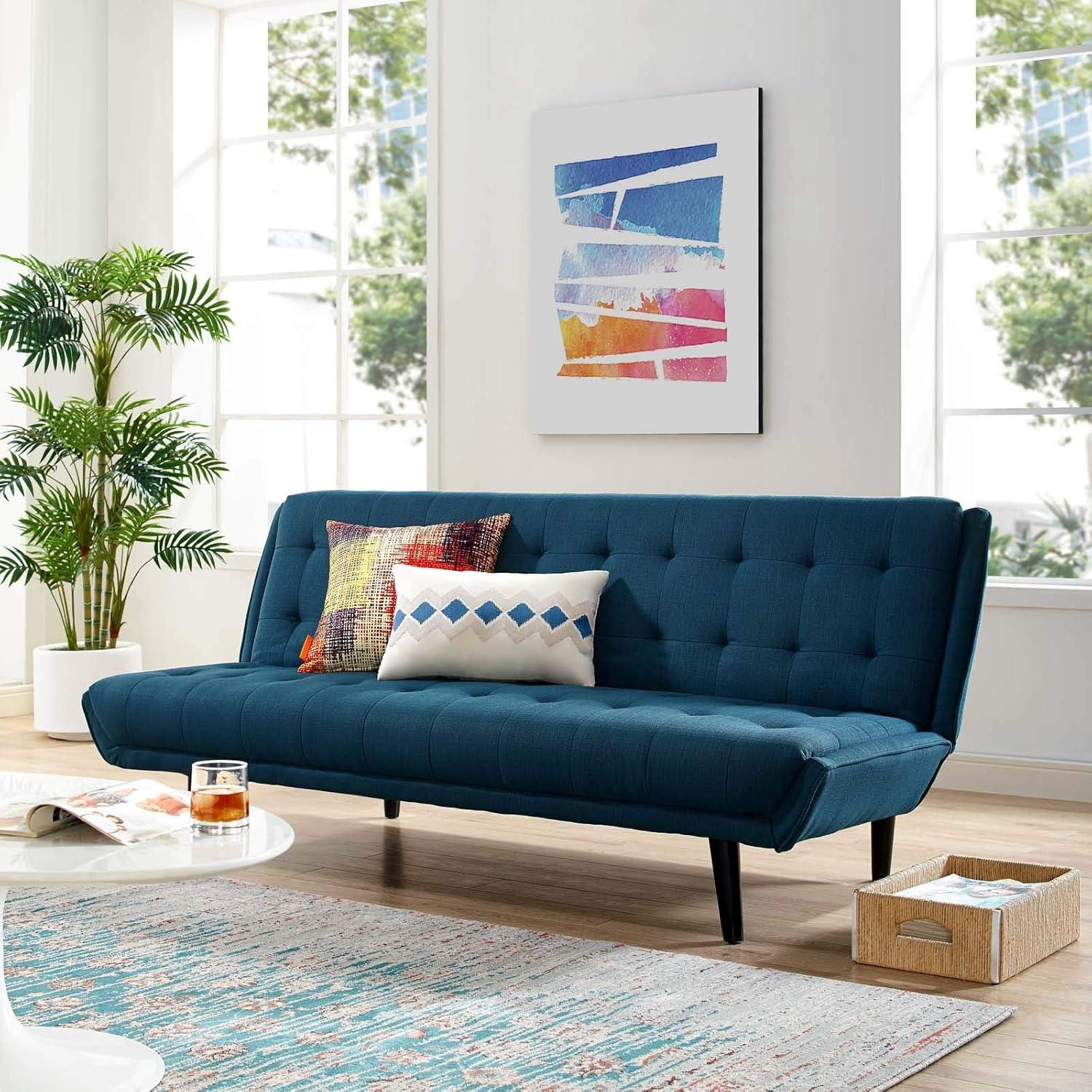 Mid-Century Modern Black Wood and Azure Fabric Tufted Sleeper Sofa