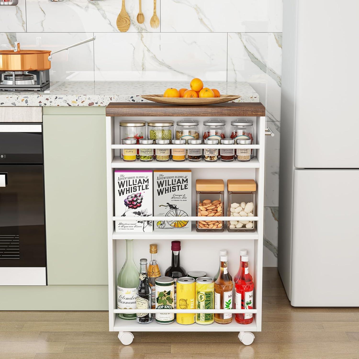 White and Brown Slim Rolling Kitchen Cart with Storage