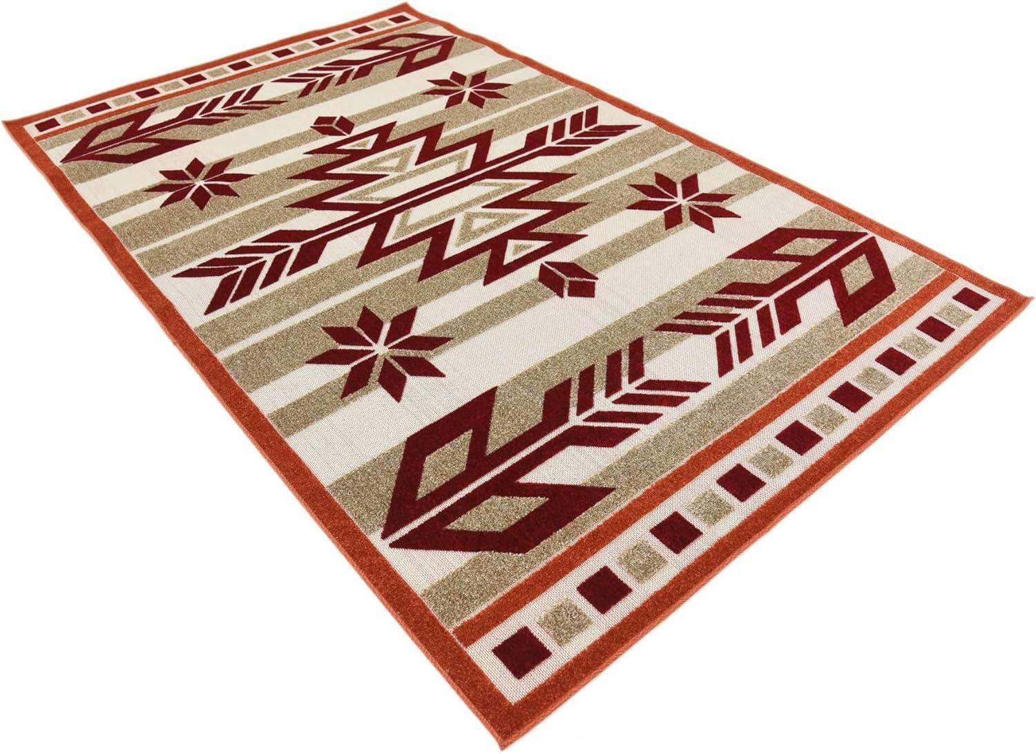 Burgundy and Beige Geometric Outdoor Rectangular Rug