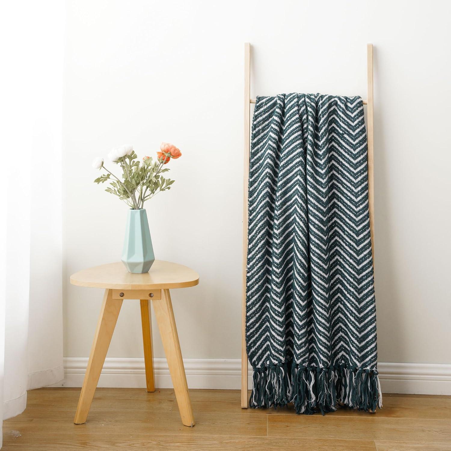 Dark Green and White Knitted Reversible Throw Blanket with Fringe