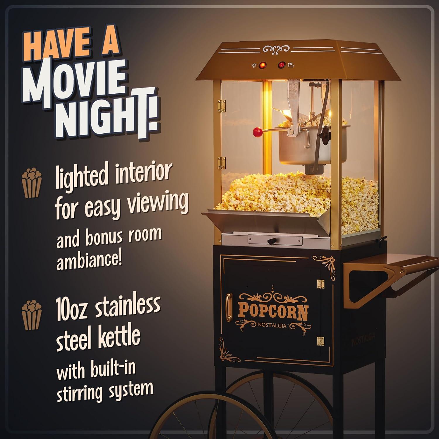 Vintage Black and Gold Popcorn Cart with Stainless Steel Kettle